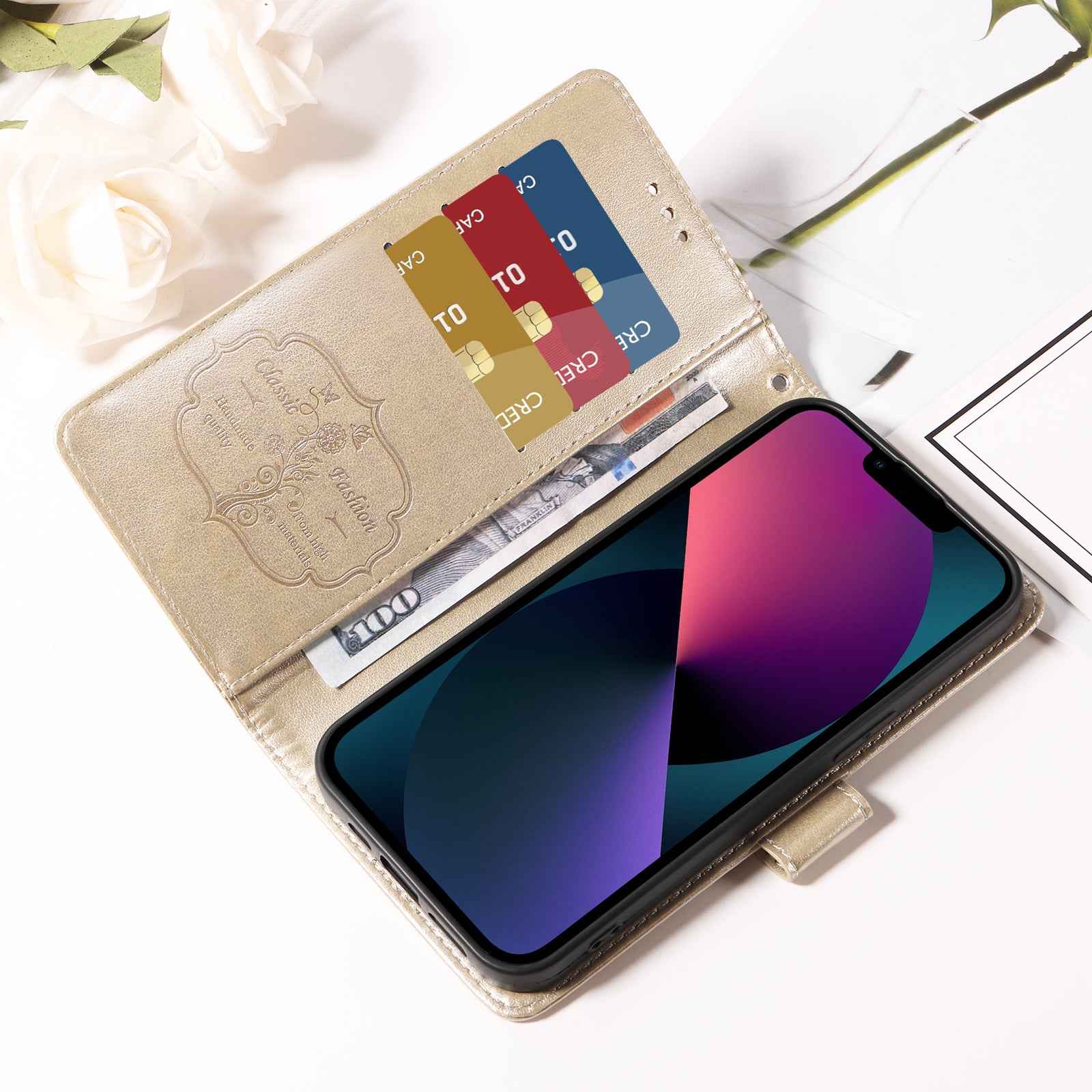 For Xiaomi 17 Pro Leather Case Butterfly Floral Imprint Wallet Stand Cover - Golden