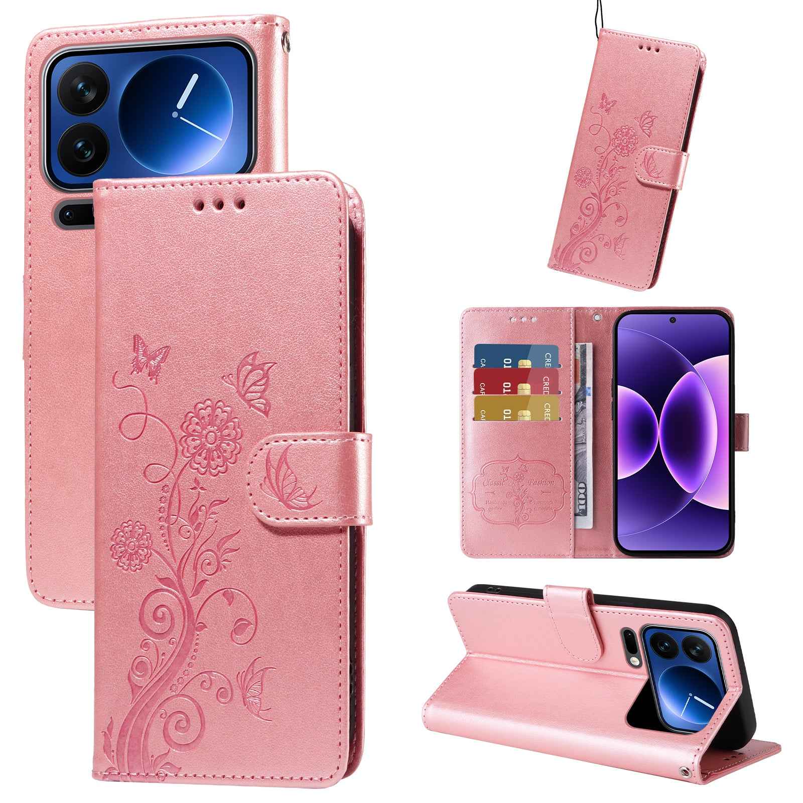 For Xiaomi 17 Pro Leather Case Butterfly Floral Imprint Wallet Stand Cover - Pink