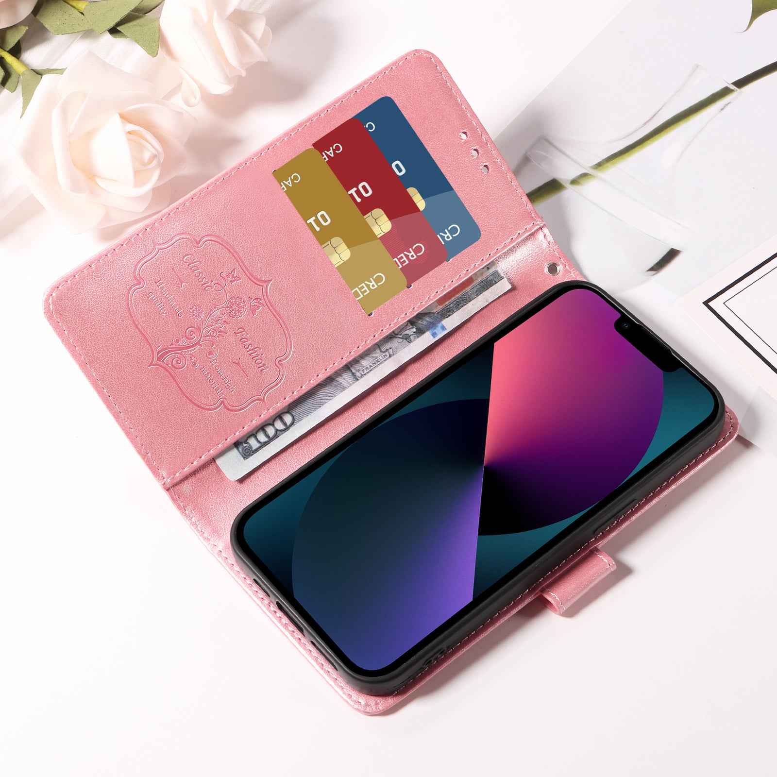 For Xiaomi 17 Pro Leather Case Butterfly Floral Imprint Wallet Stand Cover - Pink