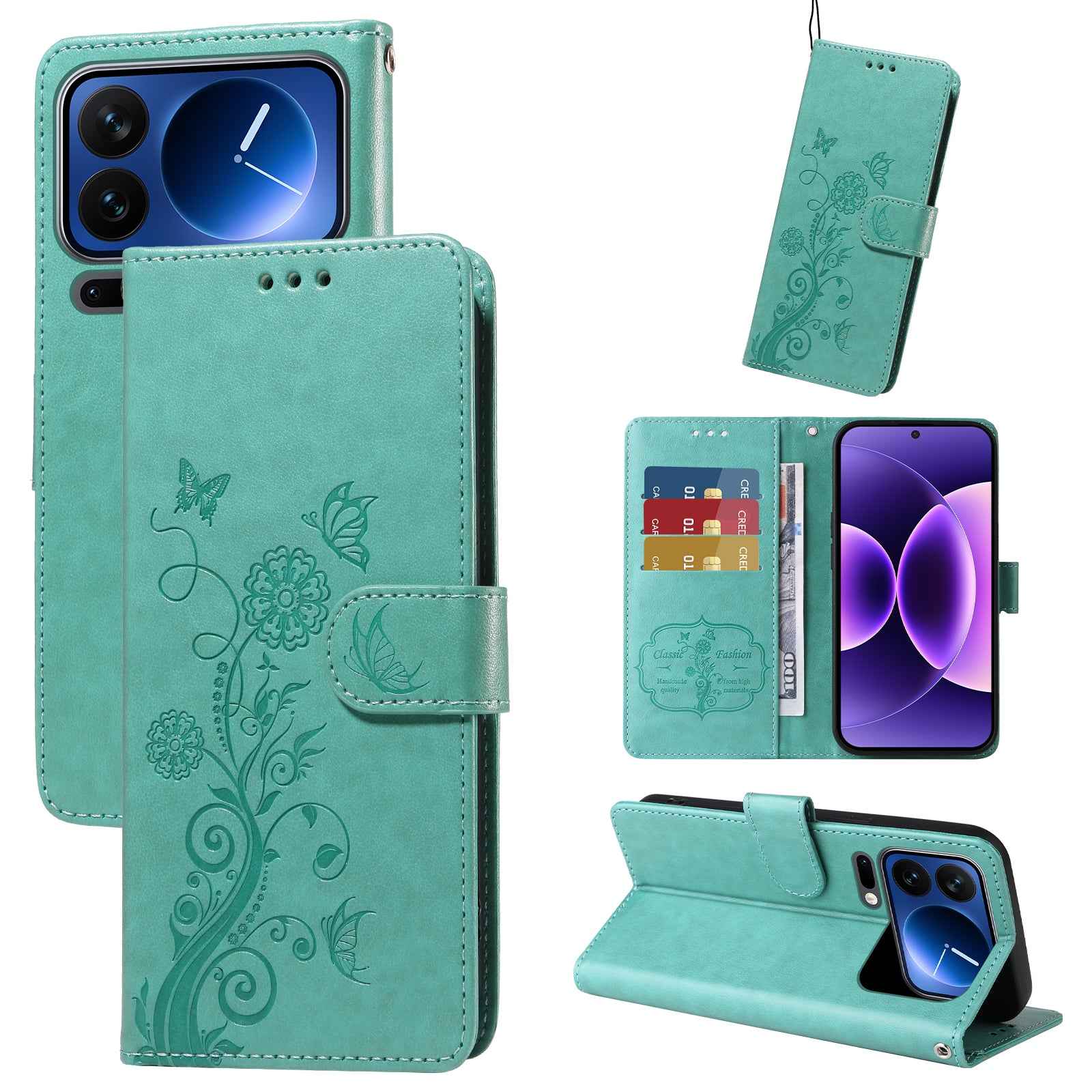 For Xiaomi 17 Pro Leather Case Butterfly Floral Imprint Wallet Stand Cover - Green