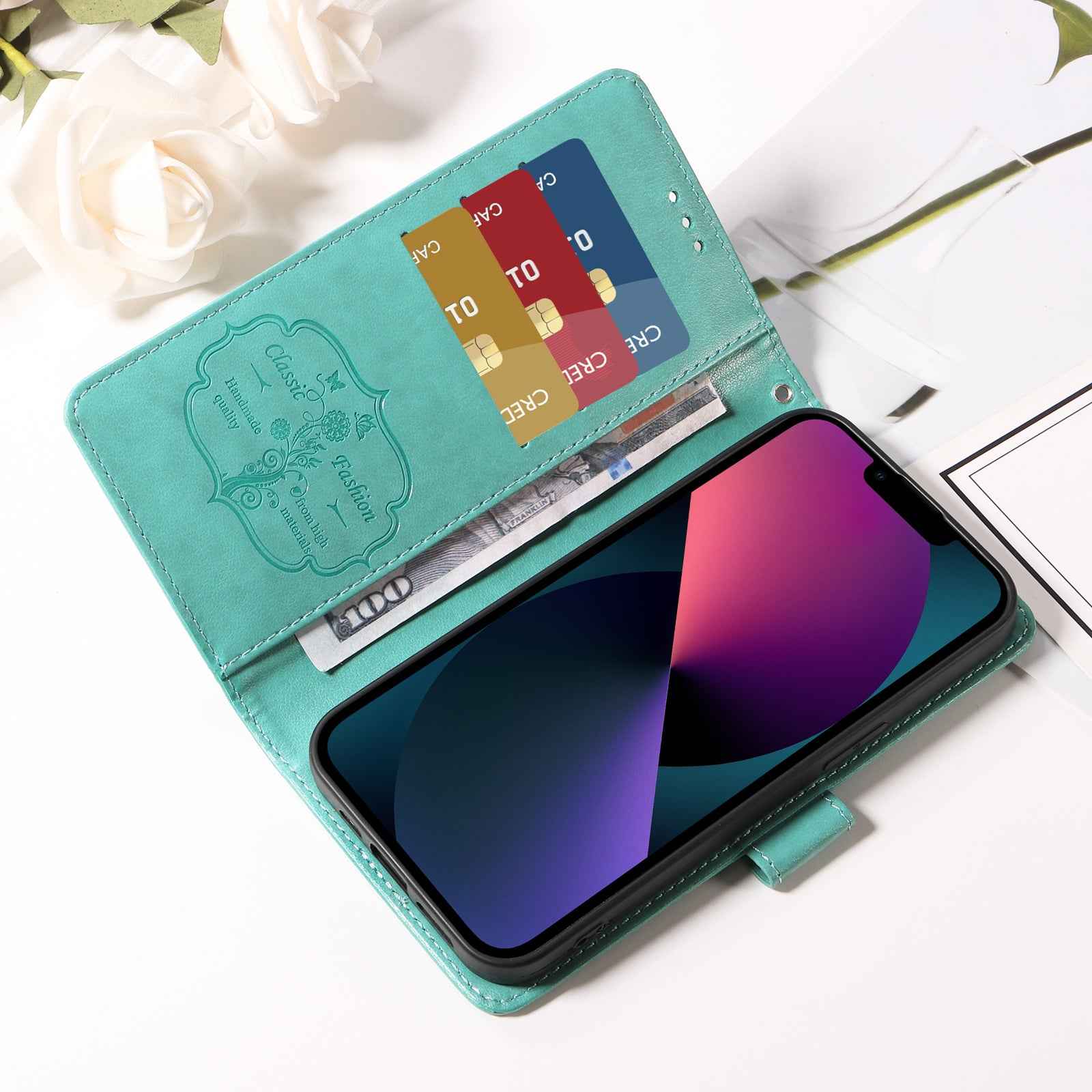 For Xiaomi 17 Pro Leather Case Butterfly Floral Imprint Wallet Stand Cover - Green