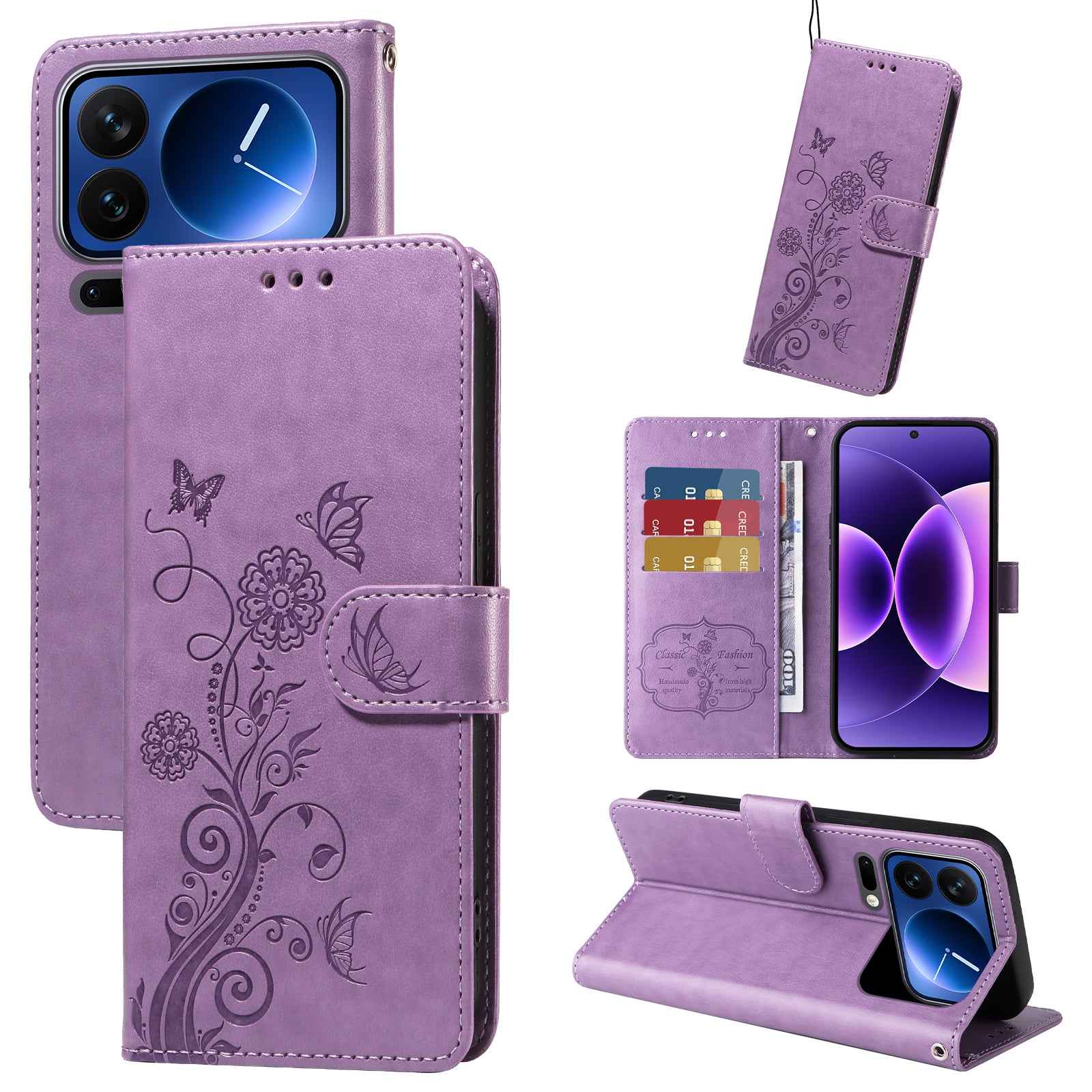 For Xiaomi 17 Pro Leather Case Butterfly Floral Imprint Wallet Stand Cover - Purple