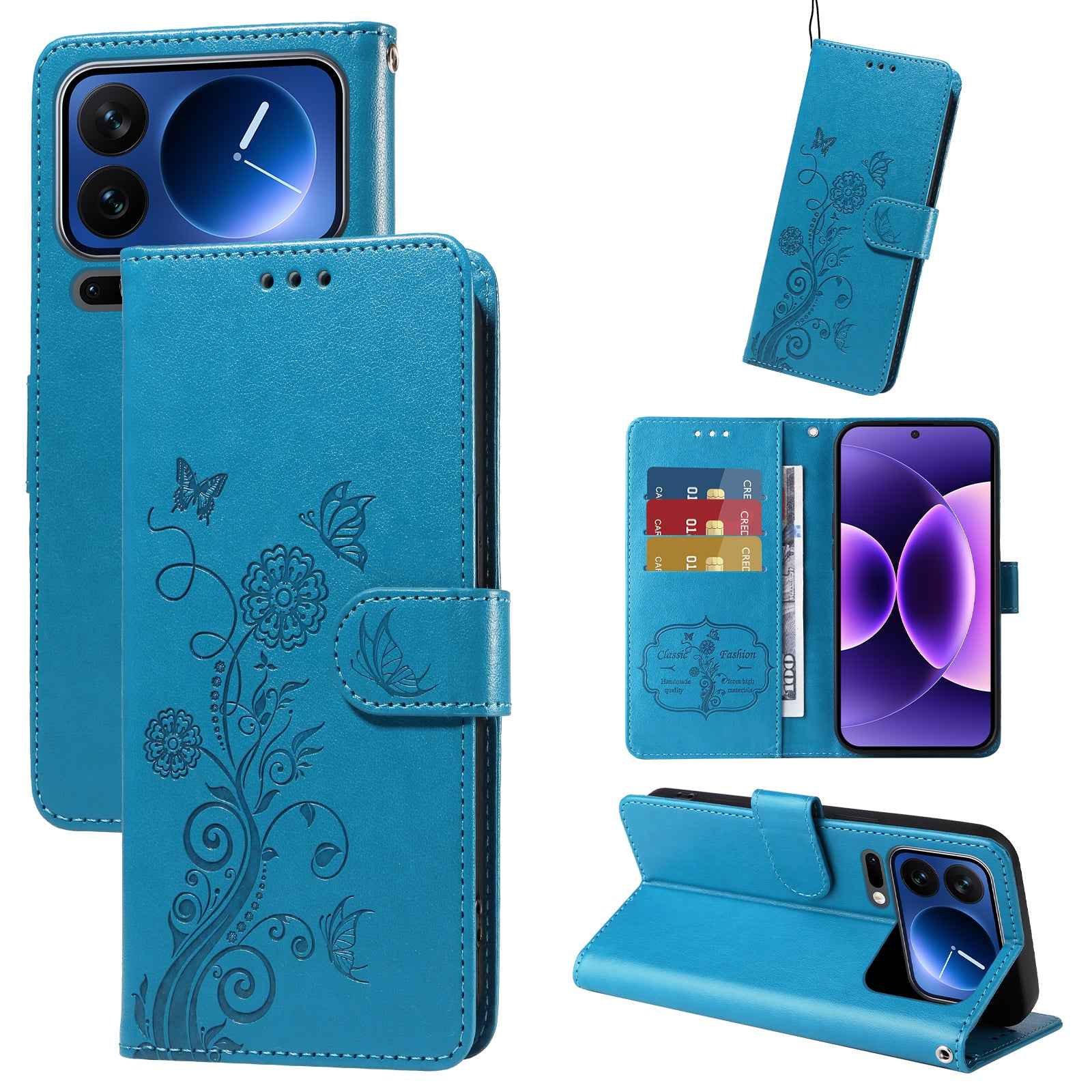 For Xiaomi 17 Pro Leather Case Butterfly Floral Imprint Wallet Stand Cover - Blue