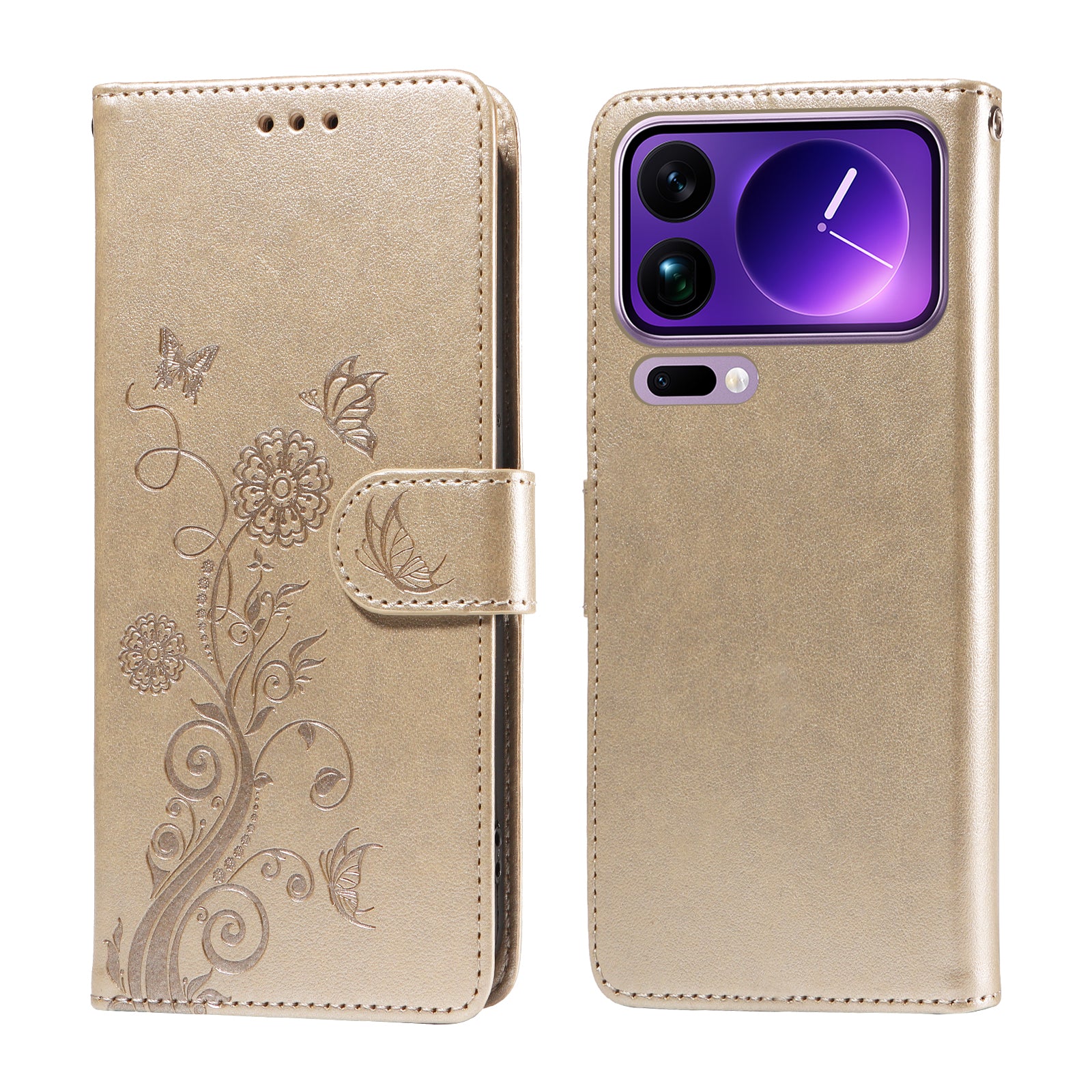 For Xiaomi 17 Pro Max Leather Case Butterfly Floral Imprint Wallet Stand Cover - Golden