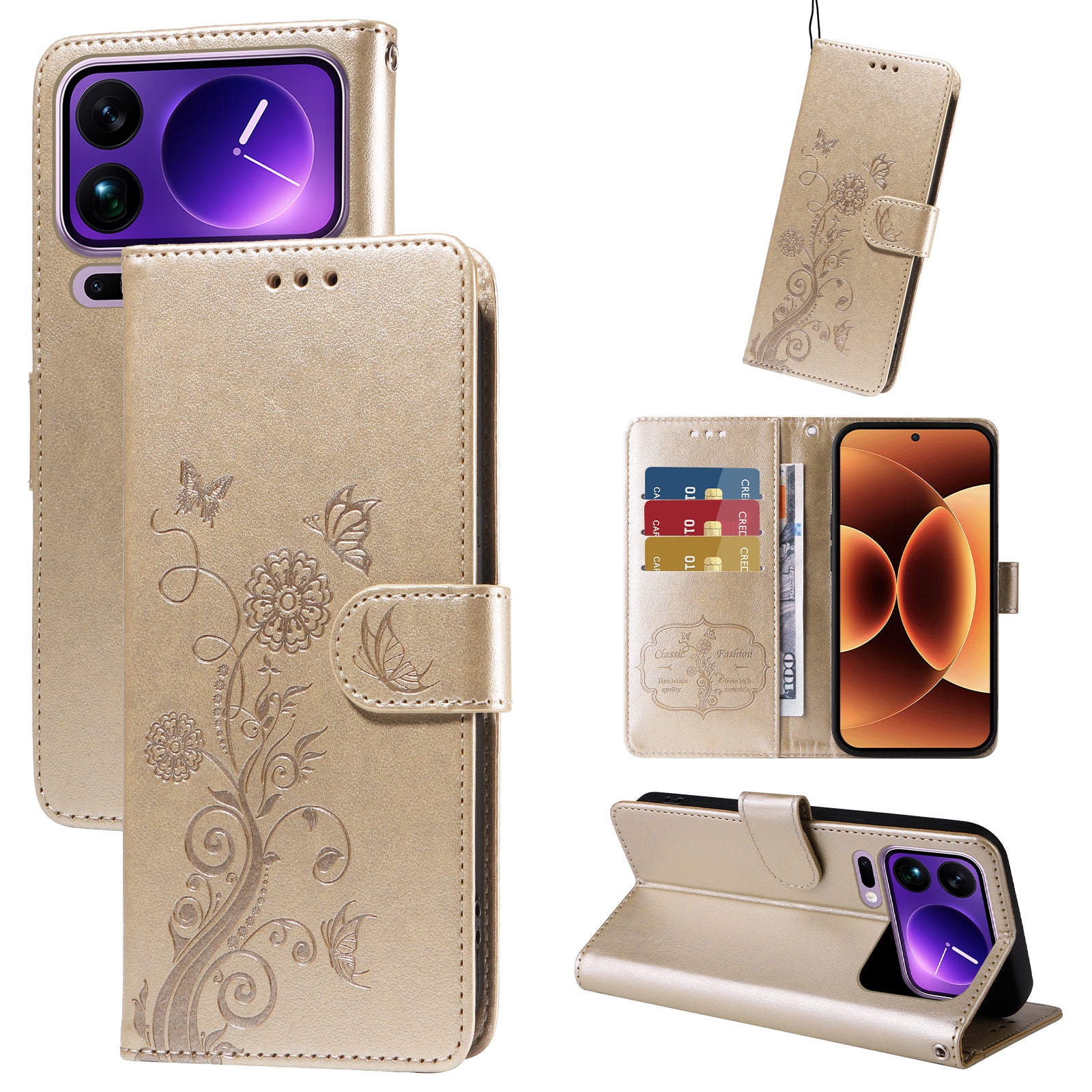 For Xiaomi 17 Pro Max Leather Case Butterfly Floral Imprint Wallet Stand Cover - Golden