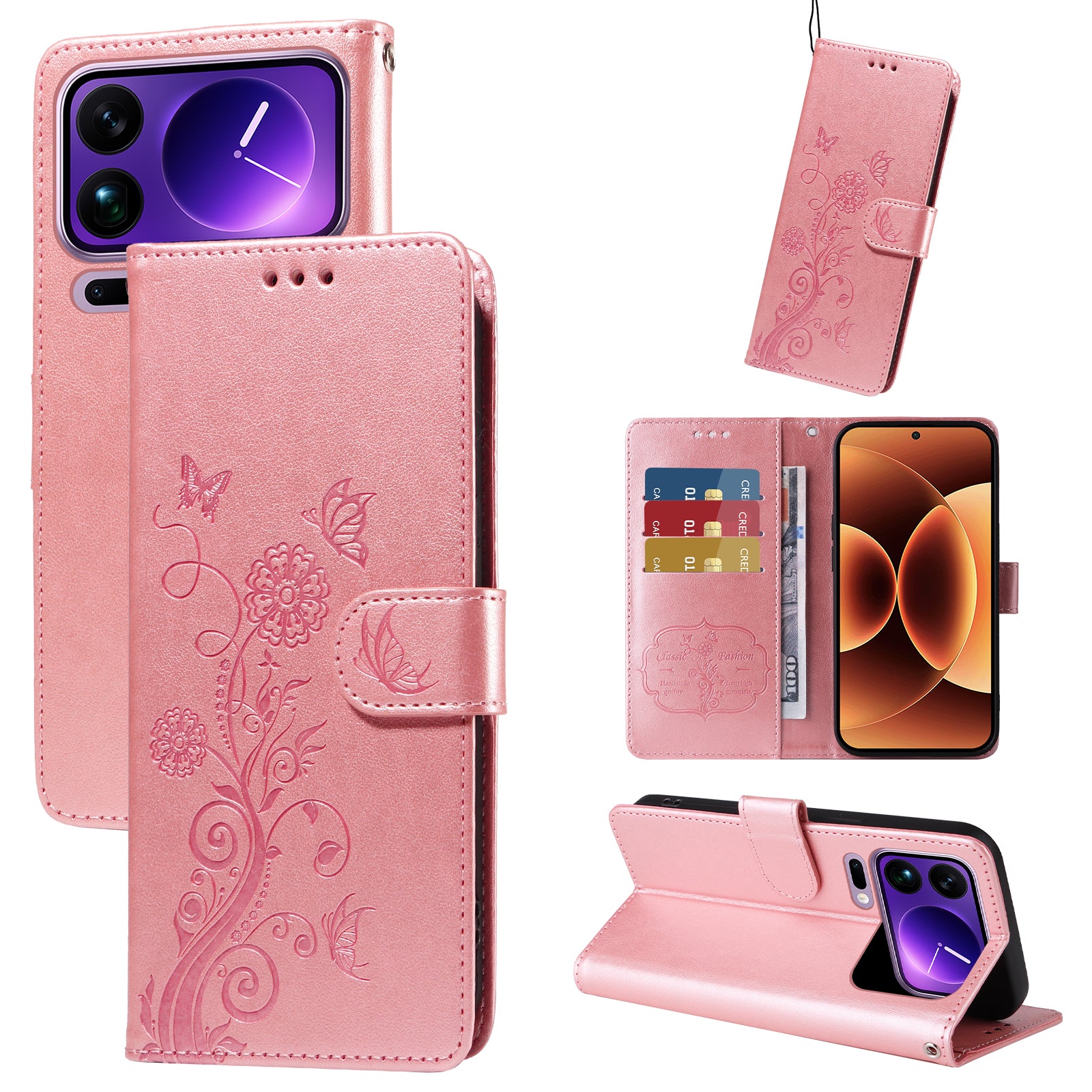 For Xiaomi 17 Pro Max Leather Case Butterfly Floral Imprint Wallet Stand Cover - Pink