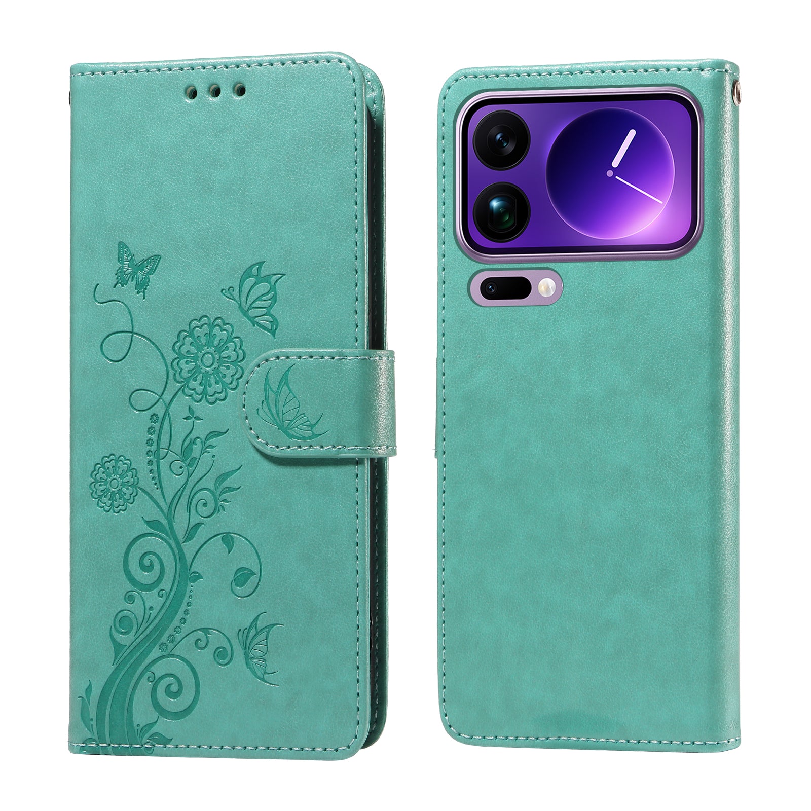 For Xiaomi 17 Pro Max Leather Case Butterfly Floral Imprint Wallet Stand Cover - Green