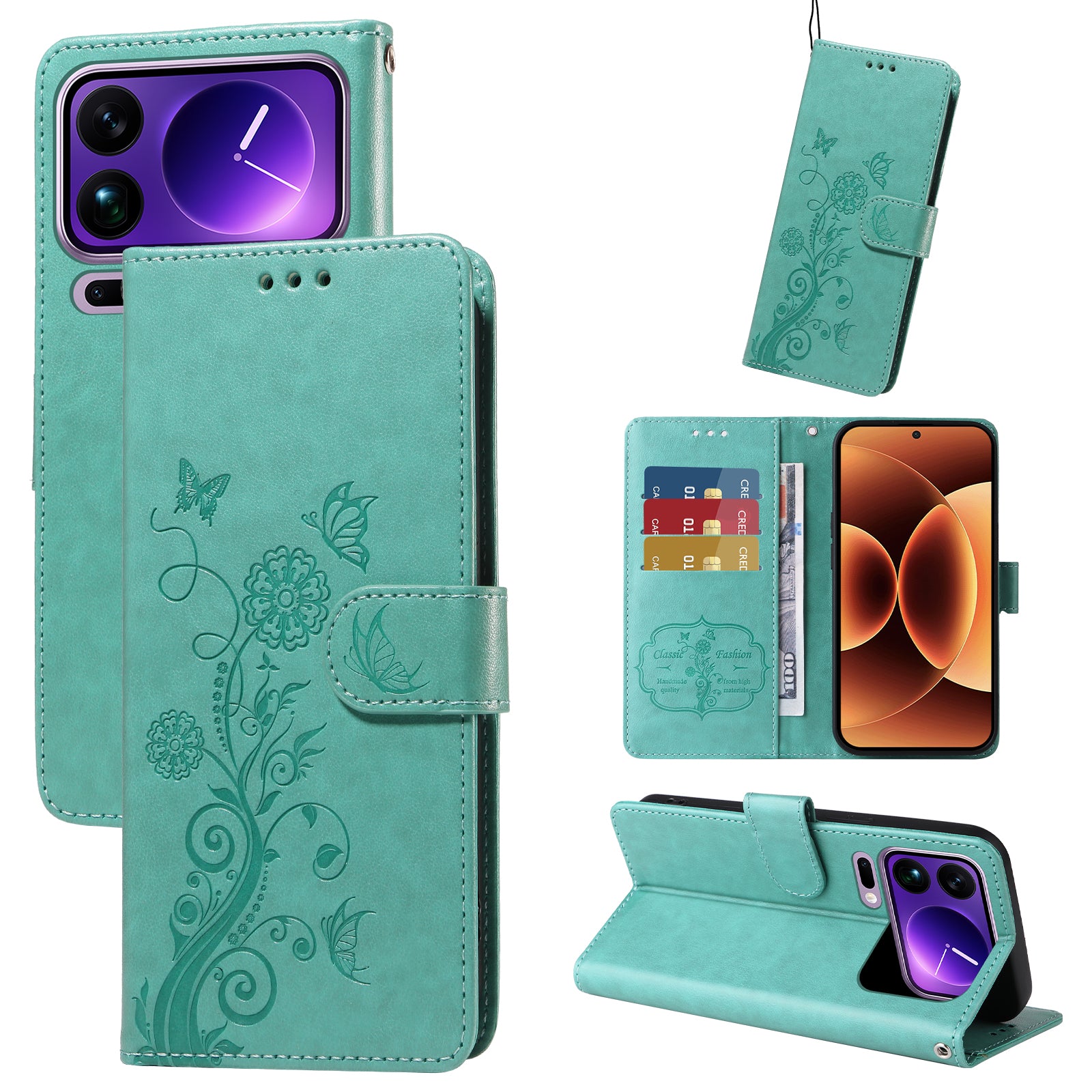 For Xiaomi 17 Pro Max Leather Case Butterfly Floral Imprint Wallet Stand Cover - Green