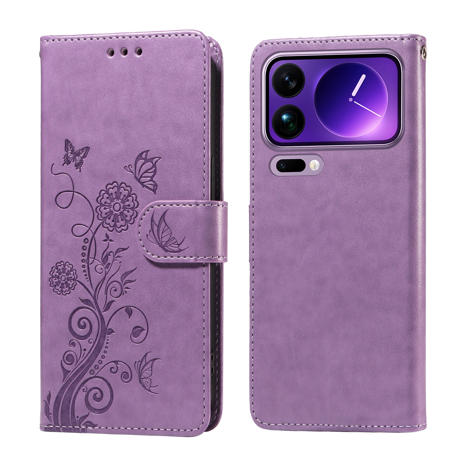 For Xiaomi 17 Pro Max Leather Case Butterfly Floral Imprint Wallet Stand Cover - Purple