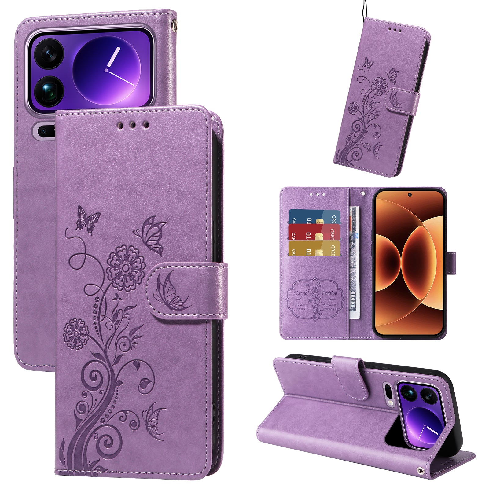 For Xiaomi 17 Pro Max Leather Case Butterfly Floral Imprint Wallet Stand Cover - Purple