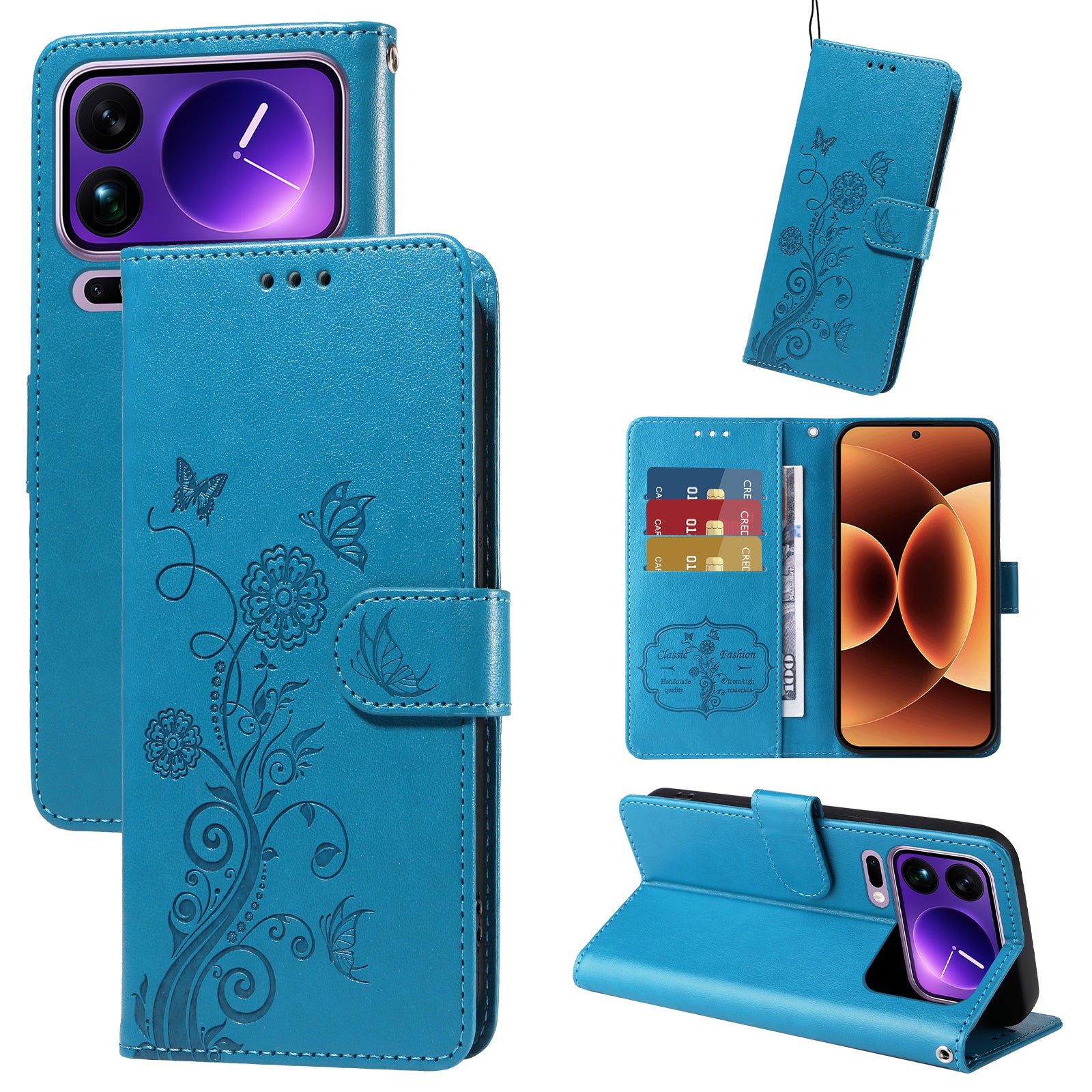 For Xiaomi 17 Pro Max Leather Case Butterfly Floral Imprint Wallet Stand Cover - Blue