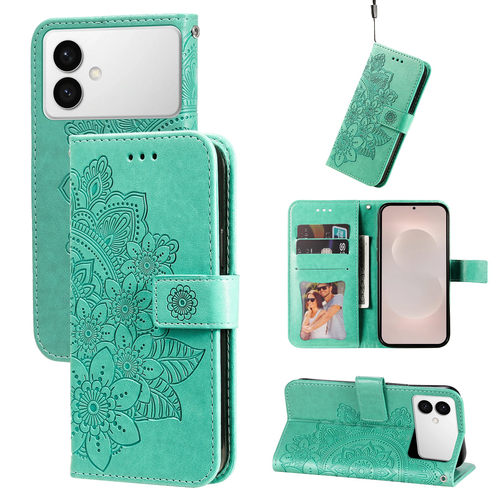 For-Samsung-Galaxy-S26-Edge-Case-Floral-Pattern-PU-Leather-Wallet-Stand-Phone-Cover-Green