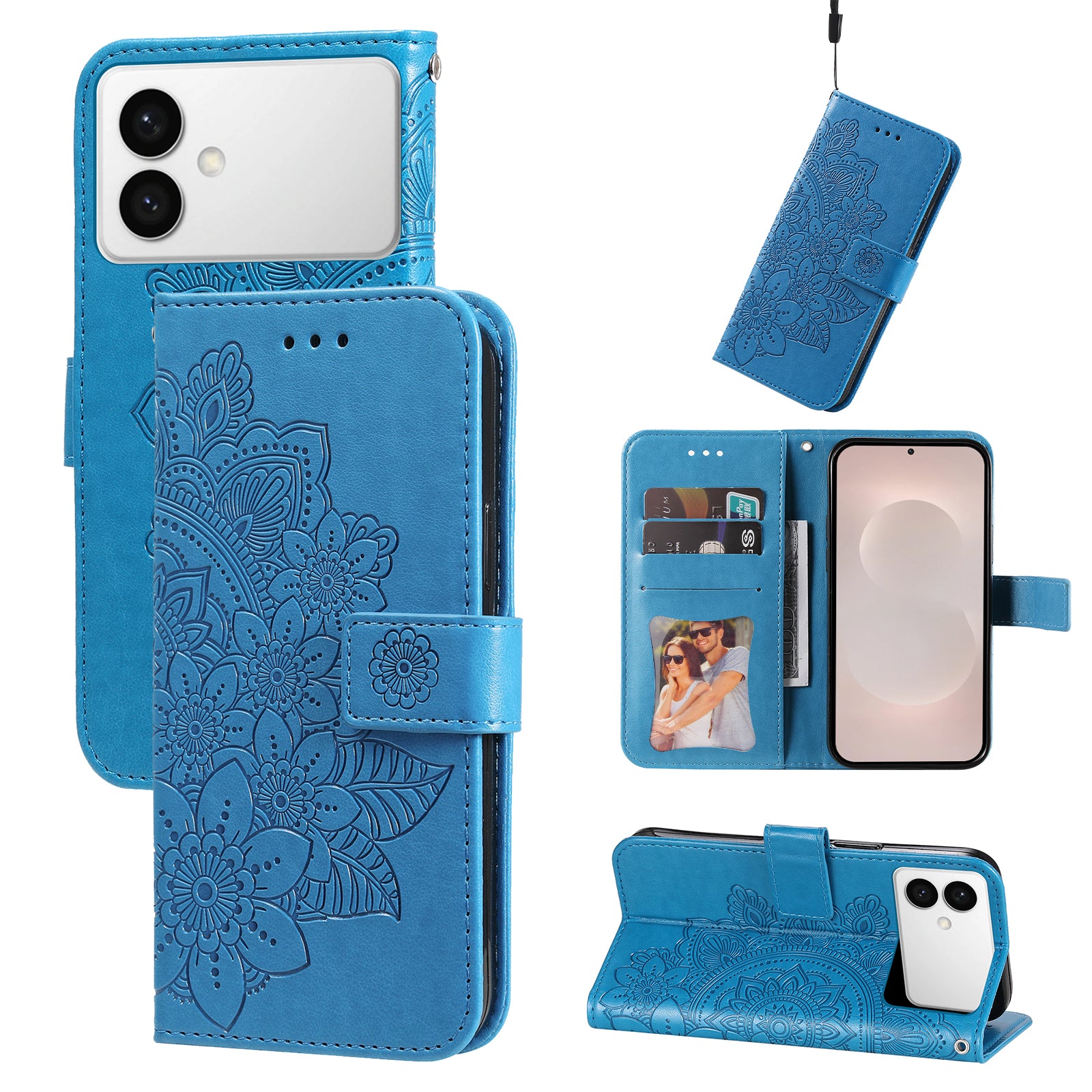 For-Samsung-Galaxy-S26-Edge-Case-Floral-Pattern-PU-Leather-Wallet-Stand-Phone-Cover-Blue