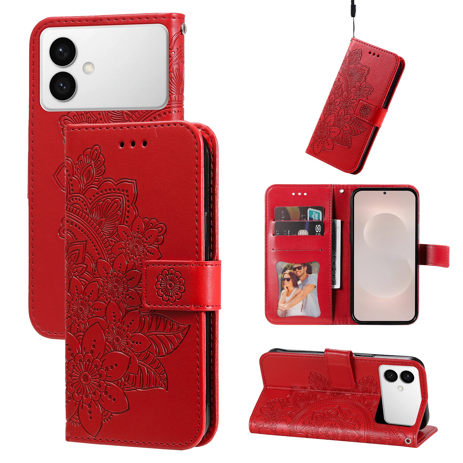 For-Samsung-Galaxy-S26-Edge-Case-Floral-Pattern-PU-Leather-Wallet-Stand-Phone-Cover-Red