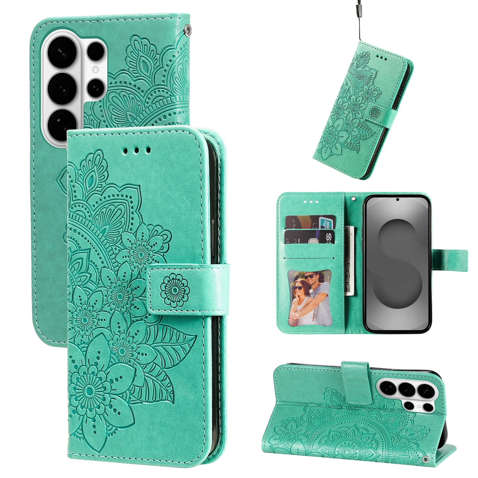 For-Samsung-Galaxy-S26-Ultra-Case-Floral-Pattern-PU-Leather-Wallet-Stand-Phone-Cover-Green
