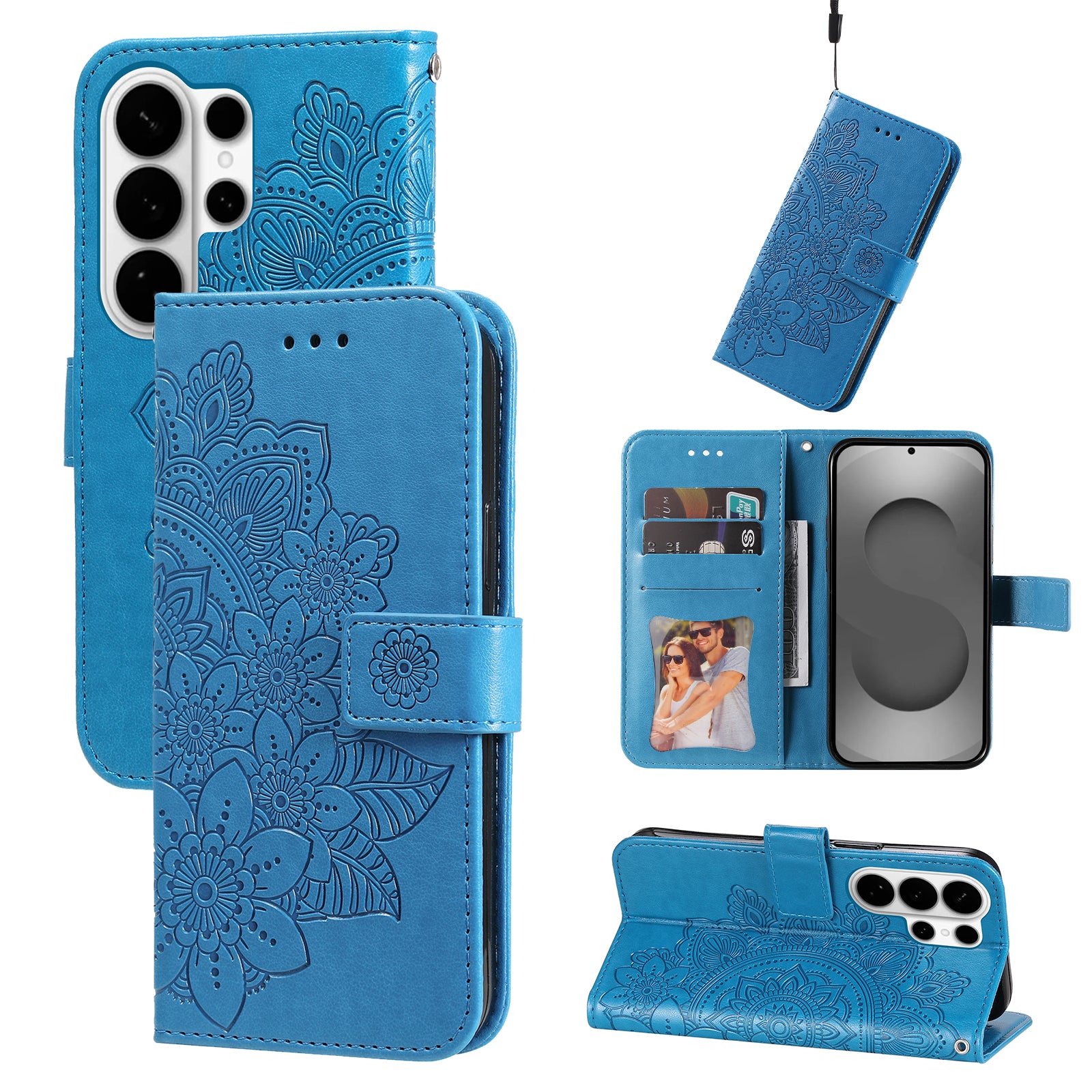 For-Samsung-Galaxy-S26-Ultra-Case-Floral-Pattern-PU-Leather-Wallet-Stand-Phone-Cover-Blue