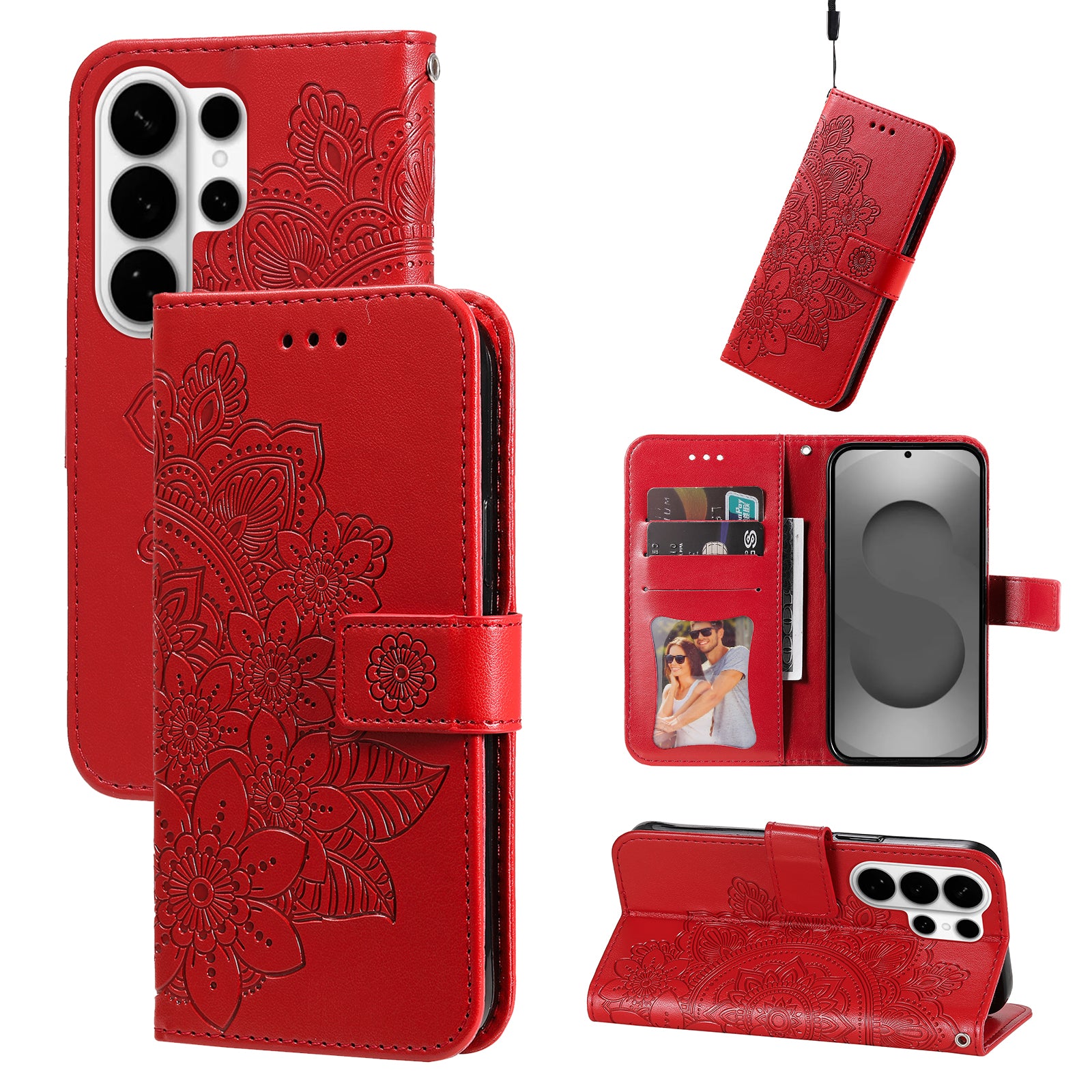 For-Samsung-Galaxy-S26-Ultra-Case-Floral-Pattern-PU-Leather-Wallet-Stand-Phone-Cover-Red