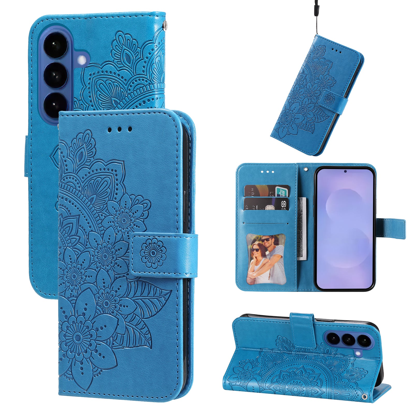 For-Samsung-Galaxy-S26-/-S26-Pro-Case-Floral-Pattern-PU-Leather-Wallet-Stand-Phone-Cover-Blue