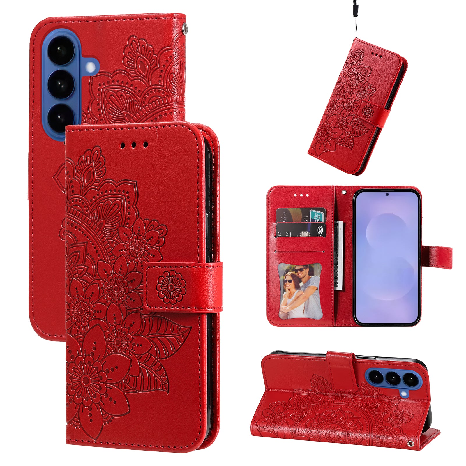 For-Samsung-Galaxy-S26-/-S26-Pro-Case-Floral-Pattern-PU-Leather-Wallet-Stand-Phone-Cover-Red