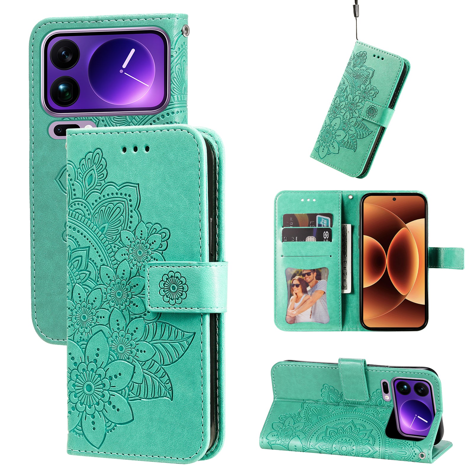 For Xiaomi 17 Pro Max Case Floral Pattern PU Leather Wallet Stand Phone Cover - Green