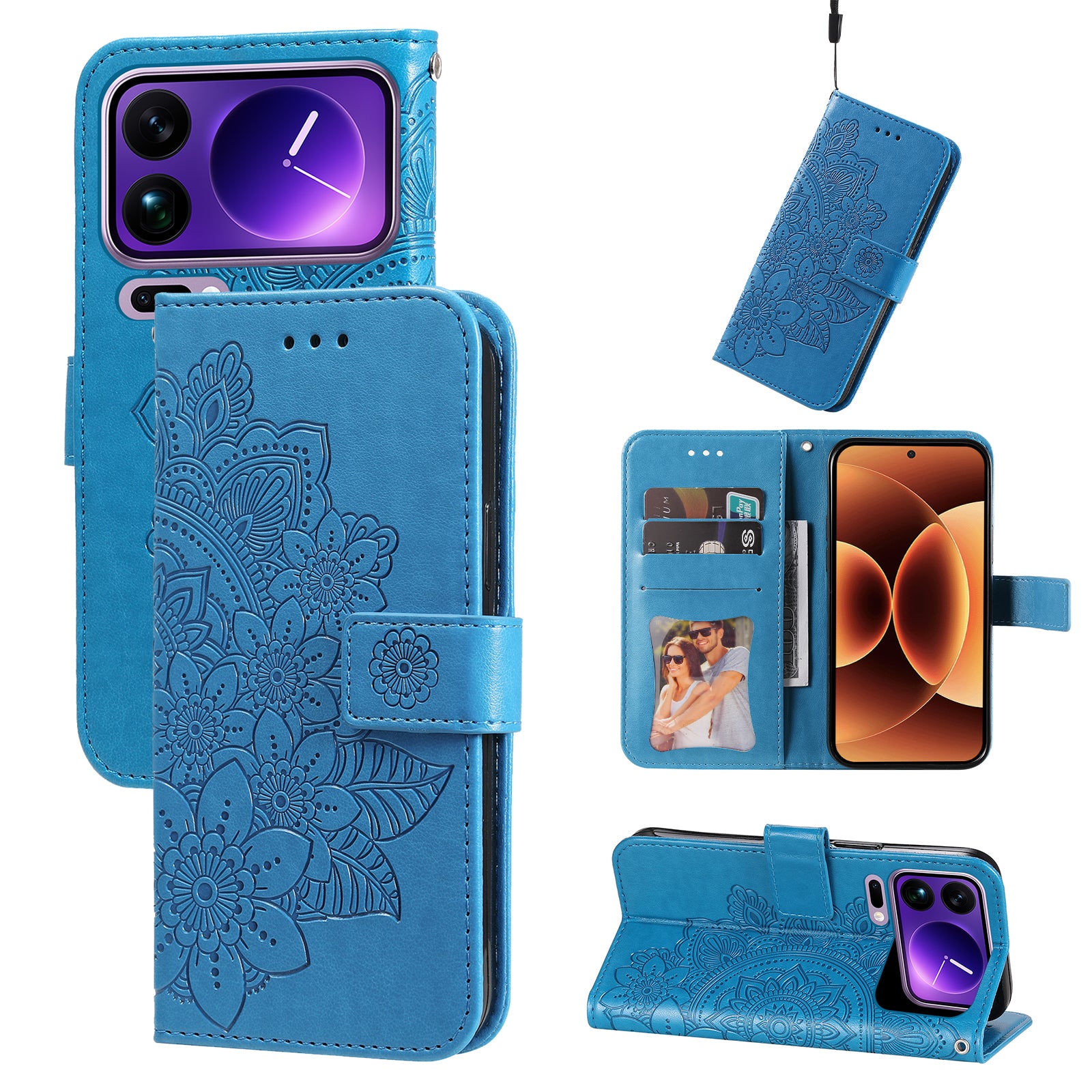 For Xiaomi 17 Pro Max Case Floral Pattern PU Leather Wallet Stand Phone Cover - Blue
