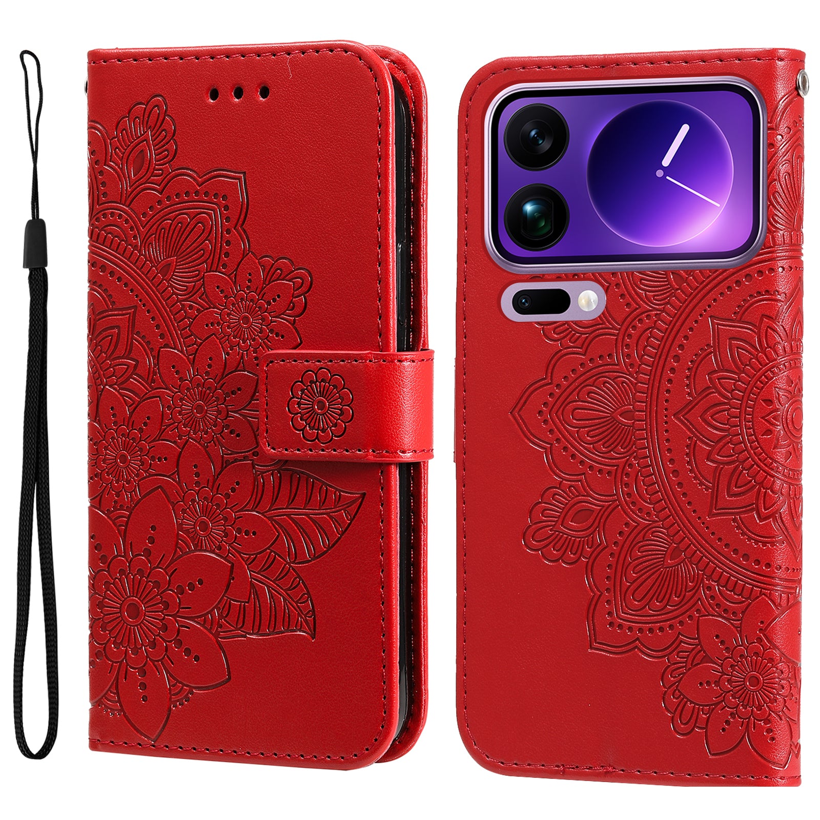 For Xiaomi 17 Pro Max Case Floral Pattern PU Leather Wallet Stand Phone Cover - Red