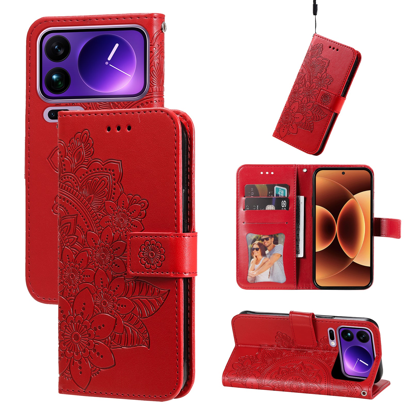 For Xiaomi 17 Pro Max Case Floral Pattern PU Leather Wallet Stand Phone Cover - Red