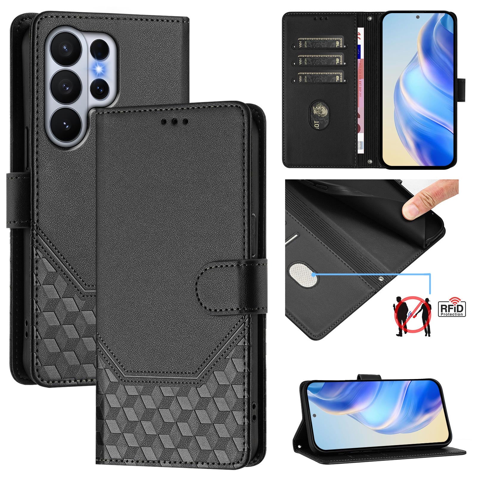 For-Samsung-Galaxy-S26-Ultra-Case-Imprinted-Honeycomb-RFID-Blocking-Leather-Phone-Cover-with-Strap-Black