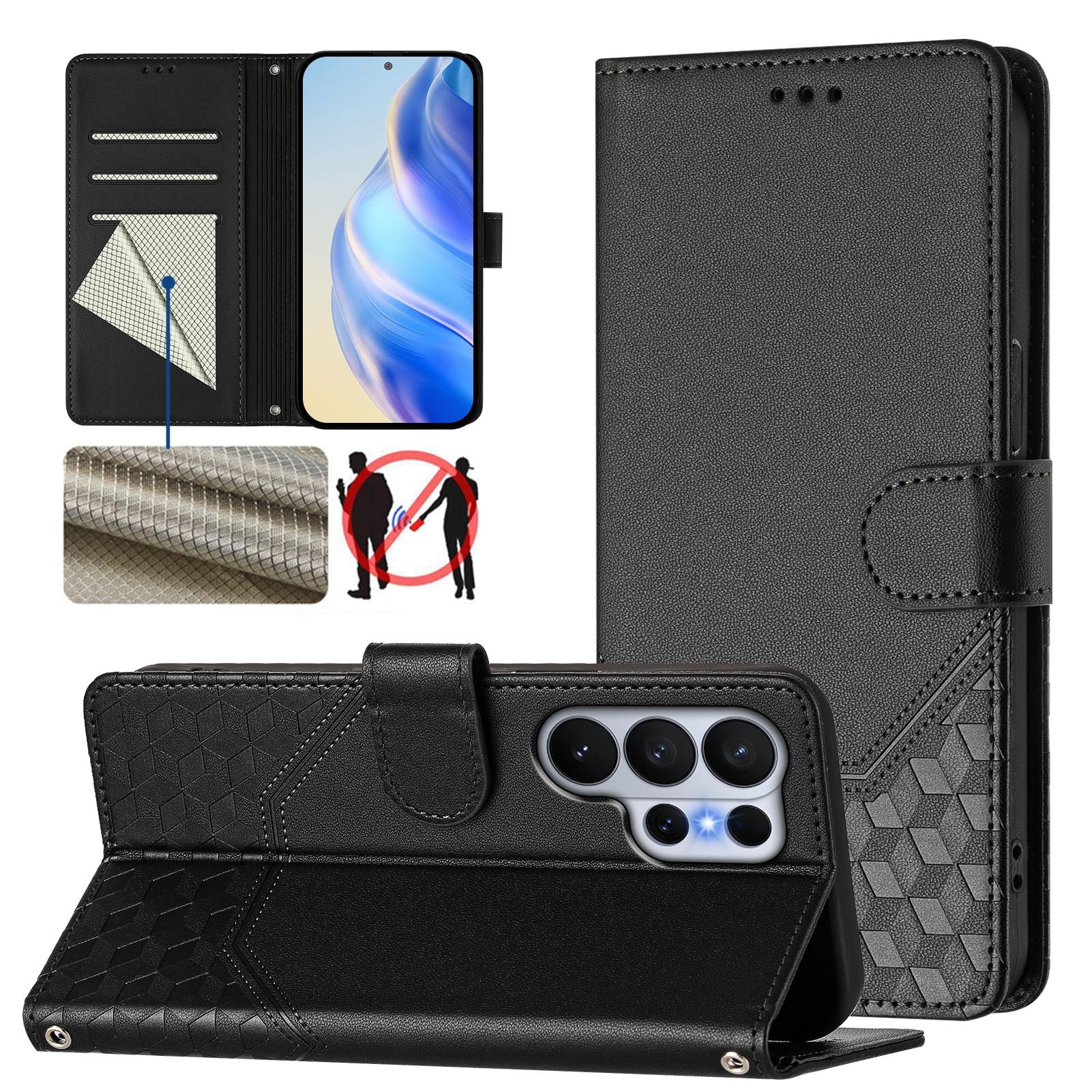 For-Samsung-Galaxy-S26-Ultra-Case-Imprinted-Honeycomb-RFID-Blocking-Leather-Phone-Cover-with-Strap-Black