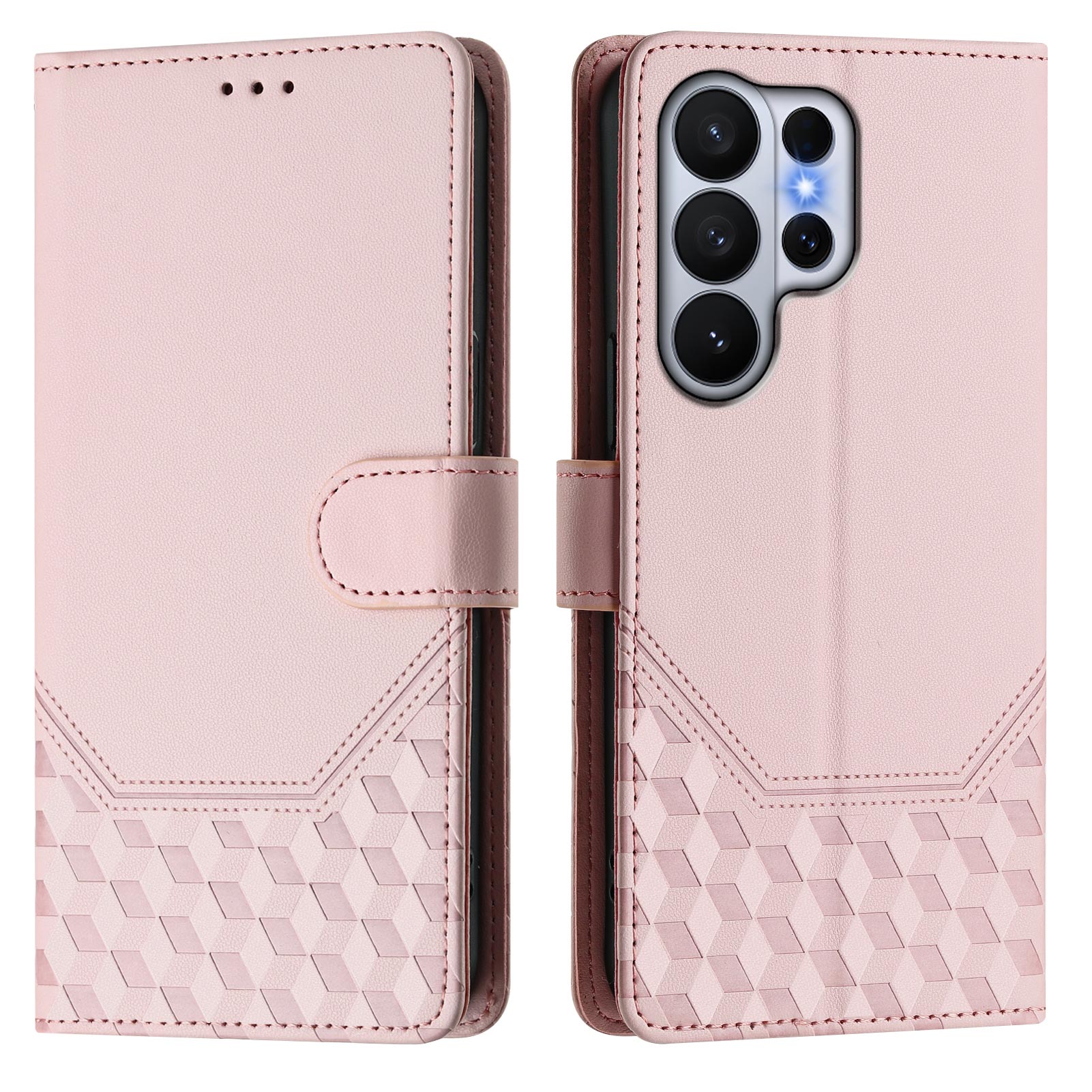 For-Samsung-Galaxy-S26-Ultra-Case-Imprinted-Honeycomb-RFID-Blocking-Leather-Phone-Cover-with-Strap-Pink