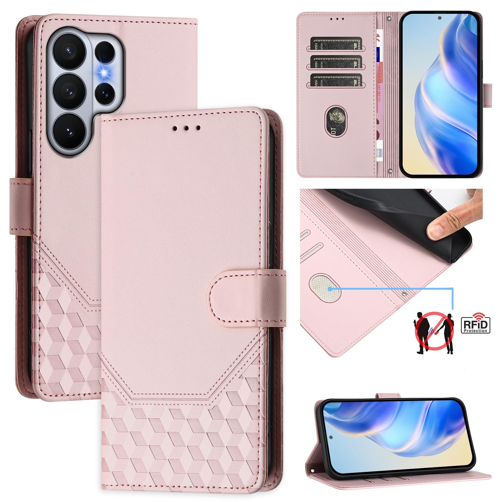 For-Samsung-Galaxy-S26-Ultra-Case-Imprinted-Honeycomb-RFID-Blocking-Leather-Phone-Cover-with-Strap-Pink