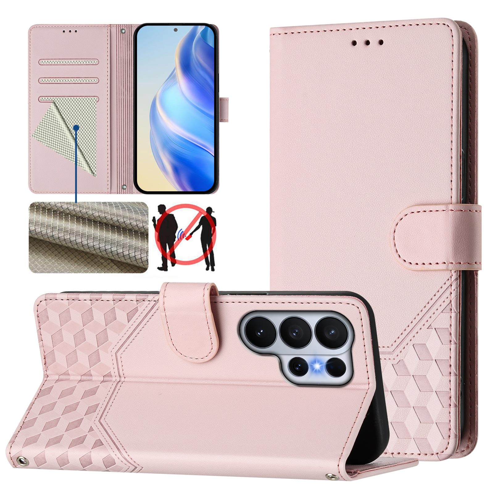 For-Samsung-Galaxy-S26-Ultra-Case-Imprinted-Honeycomb-RFID-Blocking-Leather-Phone-Cover-with-Strap-Pink