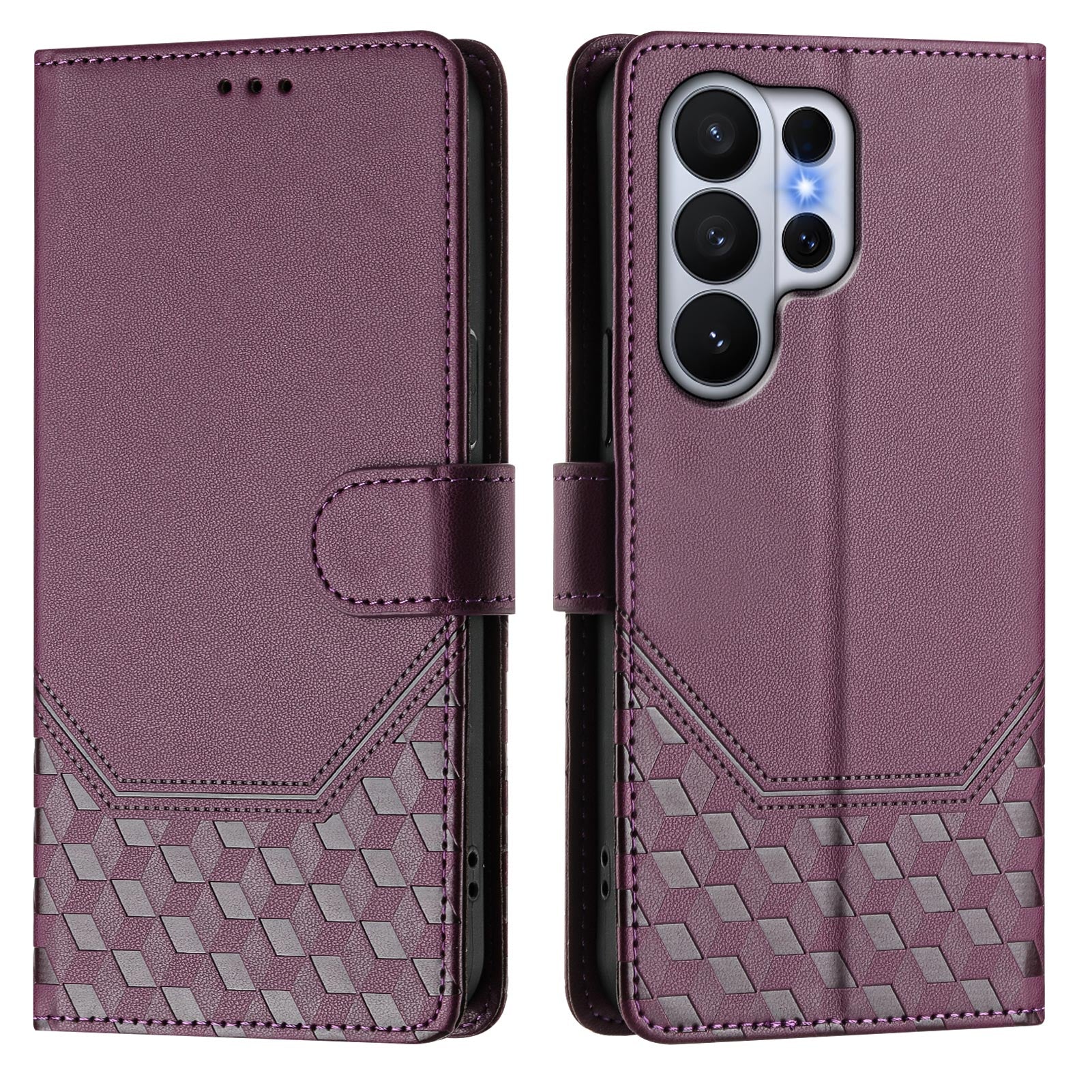For-Samsung-Galaxy-S26-Ultra-Case-Imprinted-Honeycomb-RFID-Blocking-Leather-Phone-Cover-with-Strap-Dark-Purple