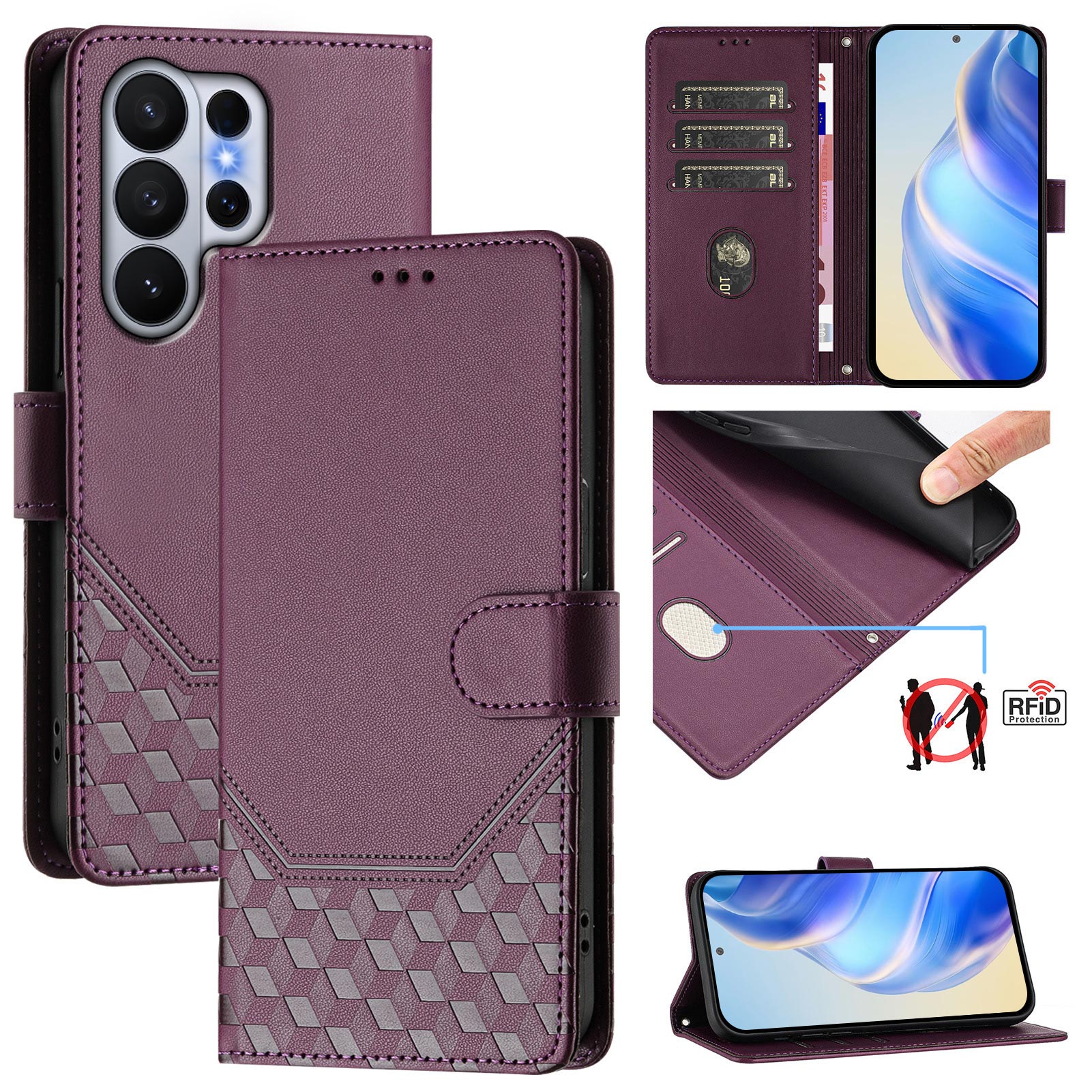 For-Samsung-Galaxy-S26-Ultra-Case-Imprinted-Honeycomb-RFID-Blocking-Leather-Phone-Cover-with-Strap-Dark-Purple