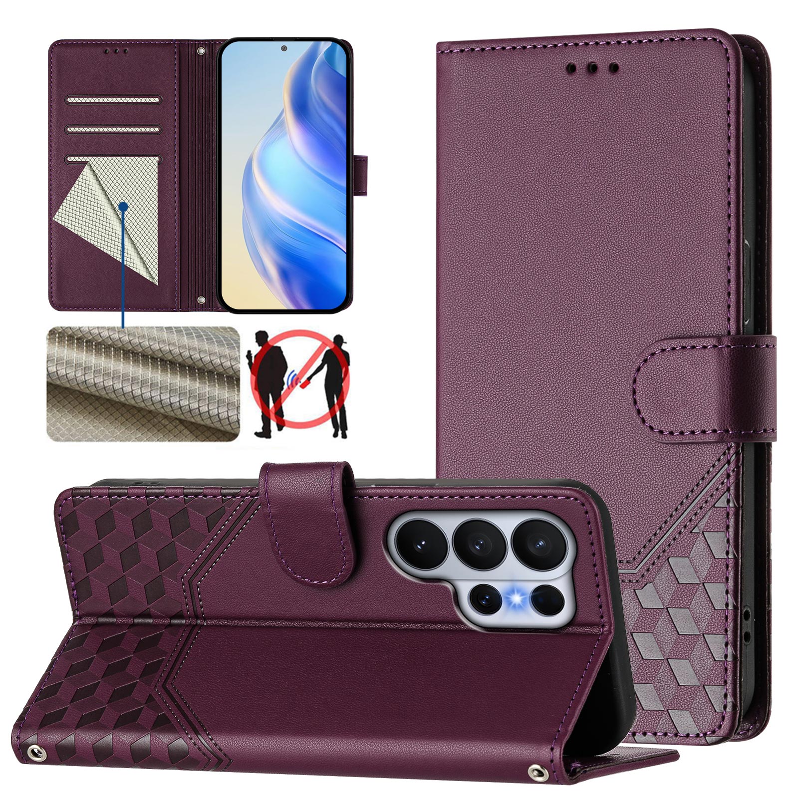 For-Samsung-Galaxy-S26-Ultra-Case-Imprinted-Honeycomb-RFID-Blocking-Leather-Phone-Cover-with-Strap-Dark-Purple