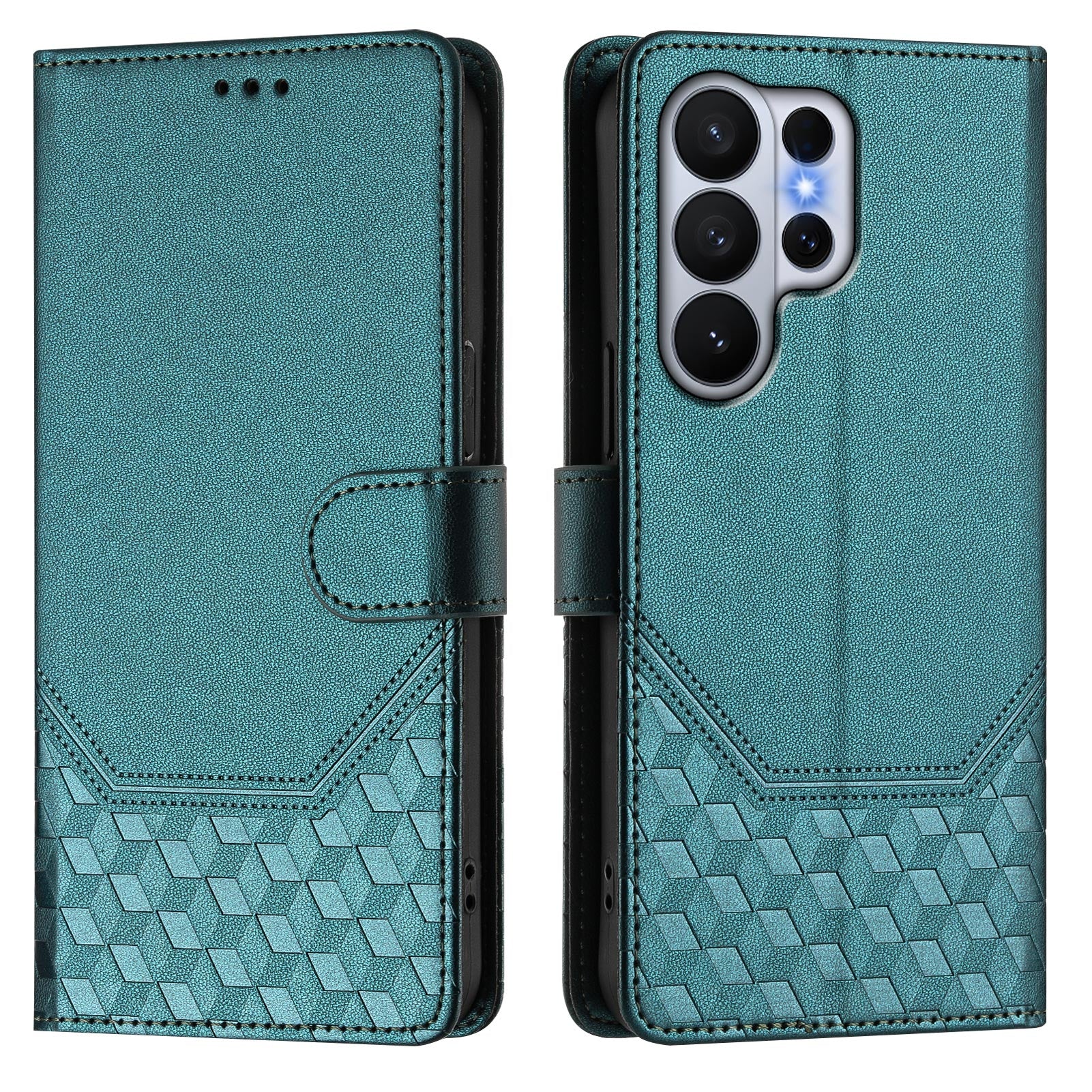 For-Samsung-Galaxy-S26-Ultra-Case-Imprinted-Honeycomb-RFID-Blocking-Leather-Phone-Cover-with-Strap-Green
