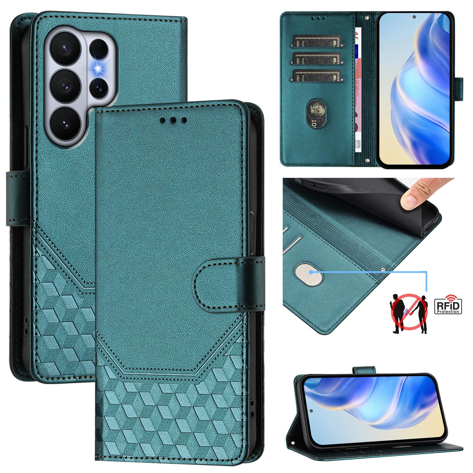 For-Samsung-Galaxy-S26-Ultra-Case-Imprinted-Honeycomb-RFID-Blocking-Leather-Phone-Cover-with-Strap-Green