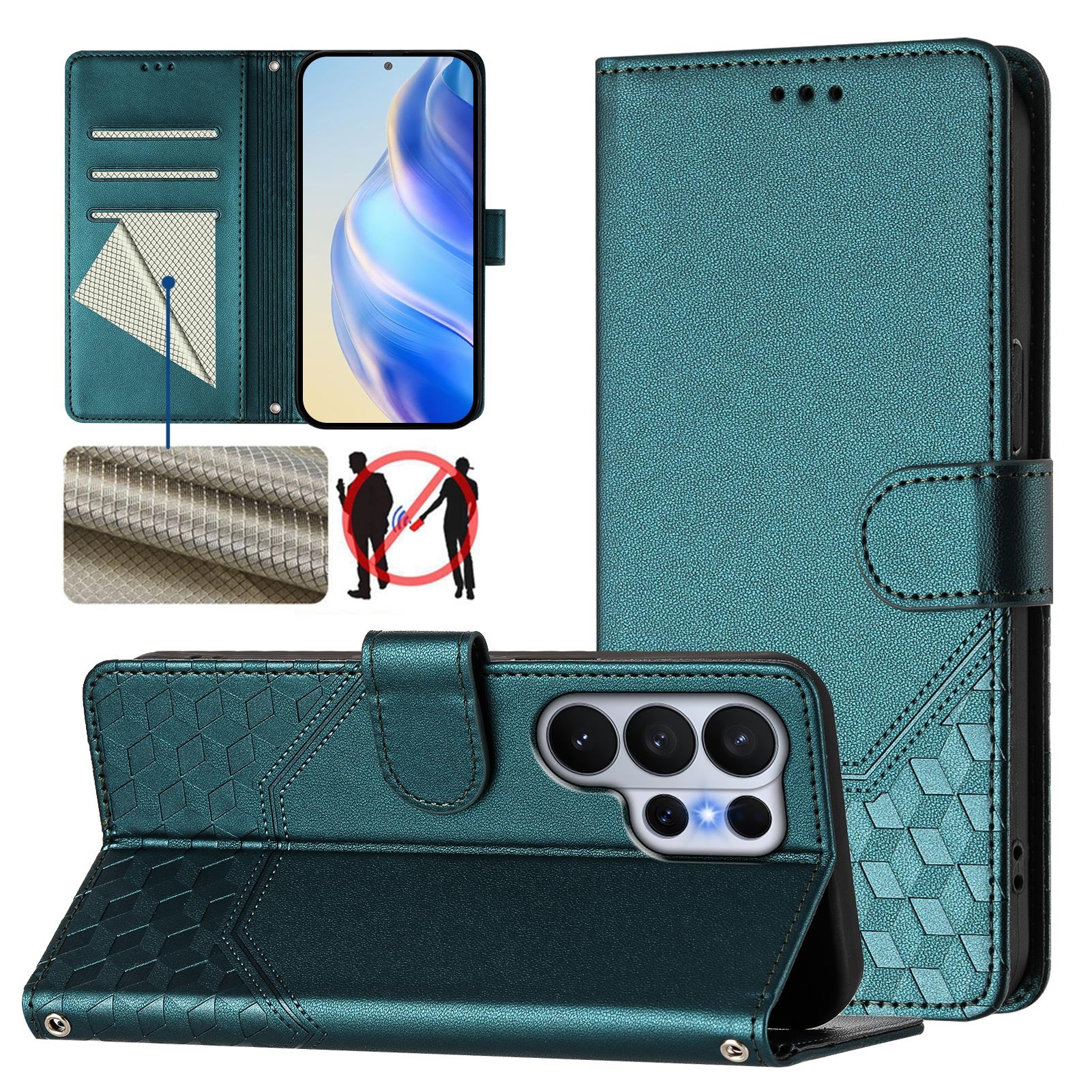 For-Samsung-Galaxy-S26-Ultra-Case-Imprinted-Honeycomb-RFID-Blocking-Leather-Phone-Cover-with-Strap-Green
