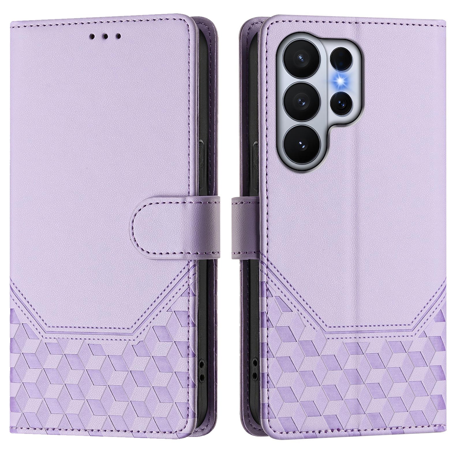 For-Samsung-Galaxy-S26-Ultra-Case-Imprinted-Honeycomb-RFID-Blocking-Leather-Phone-Cover-with-Strap-Light-Purple