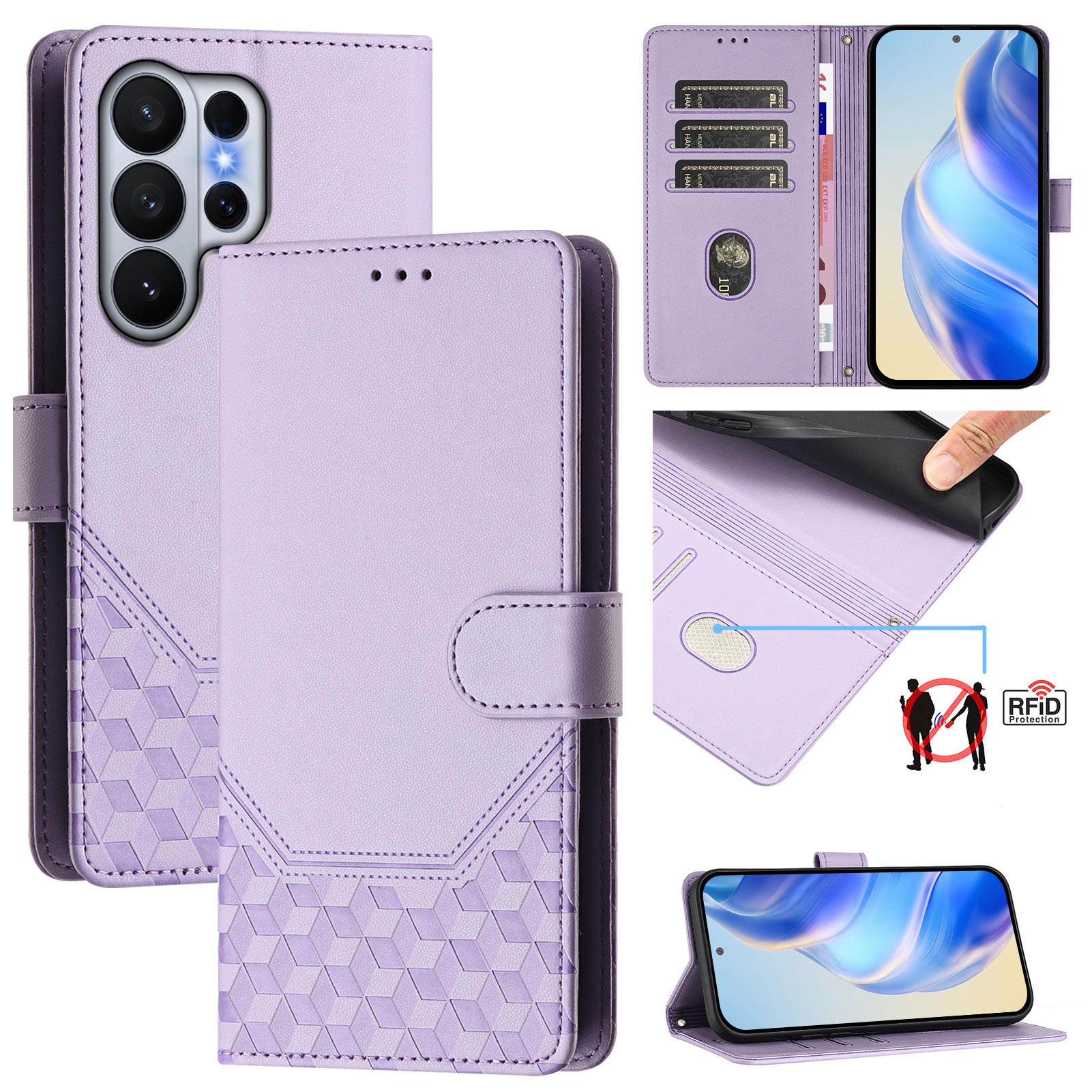 For-Samsung-Galaxy-S26-Ultra-Case-Imprinted-Honeycomb-RFID-Blocking-Leather-Phone-Cover-with-Strap-Light-Purple
