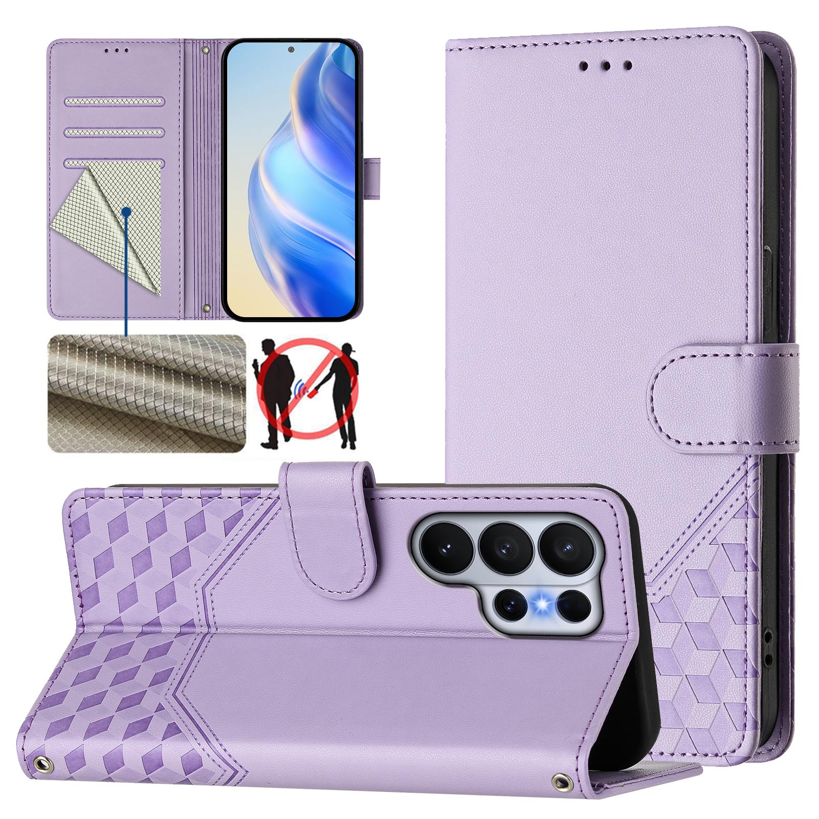 For-Samsung-Galaxy-S26-Ultra-Case-Imprinted-Honeycomb-RFID-Blocking-Leather-Phone-Cover-with-Strap-Light-Purple