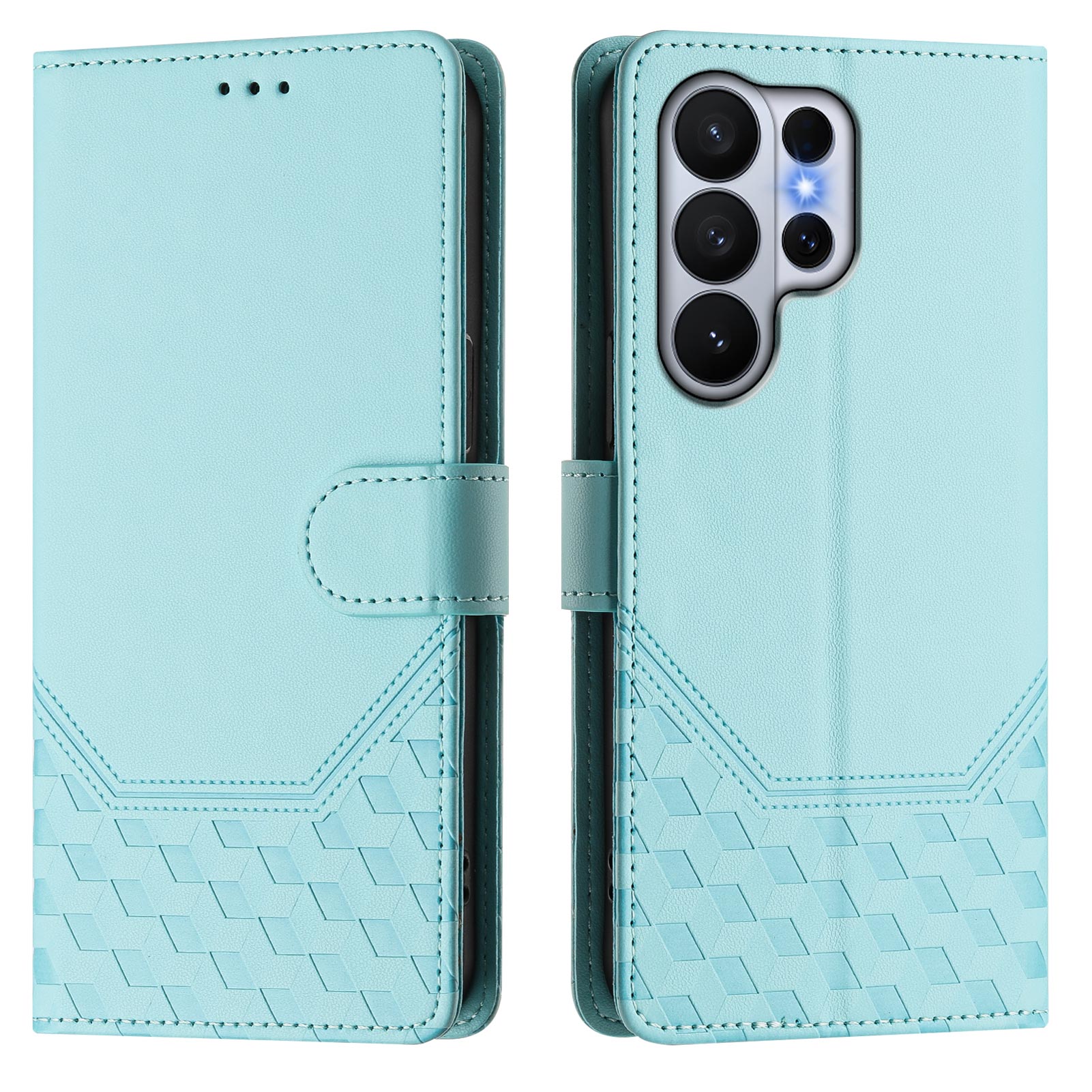 For-Samsung-Galaxy-S26-Ultra-Case-Imprinted-Honeycomb-RFID-Blocking-Leather-Phone-Cover-with-Strap-Mint-Green
