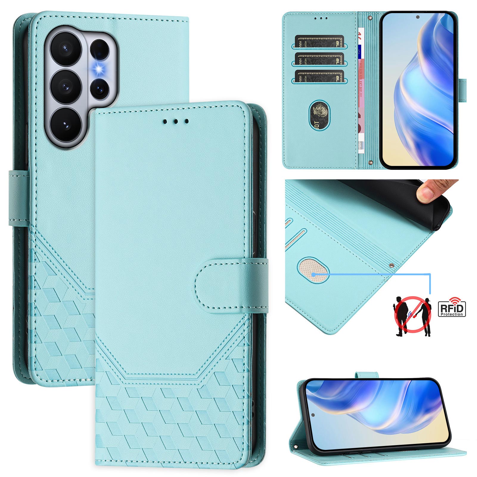 For-Samsung-Galaxy-S26-Ultra-Case-Imprinted-Honeycomb-RFID-Blocking-Leather-Phone-Cover-with-Strap-Mint-Green