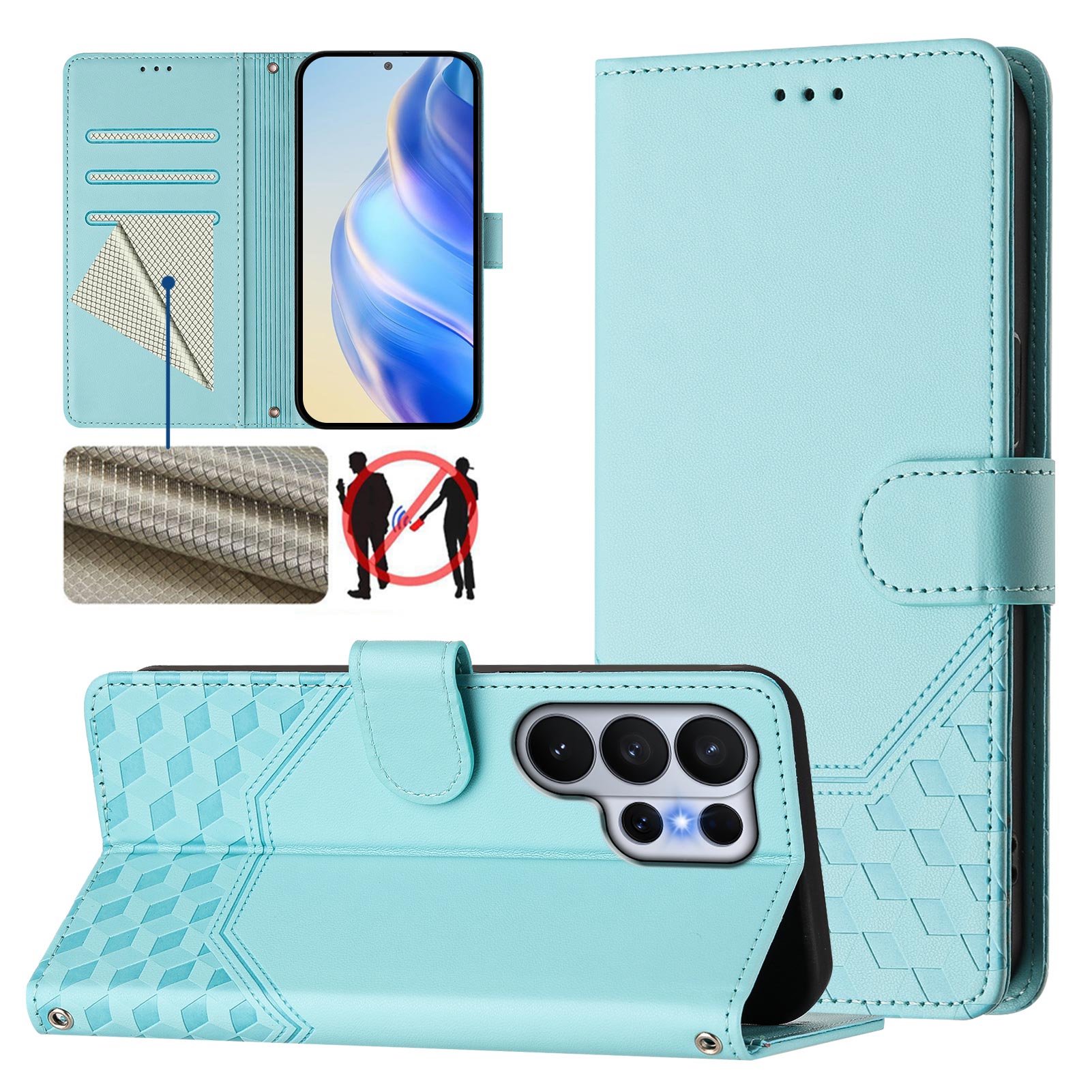 For-Samsung-Galaxy-S26-Ultra-Case-Imprinted-Honeycomb-RFID-Blocking-Leather-Phone-Cover-with-Strap-Mint-Green