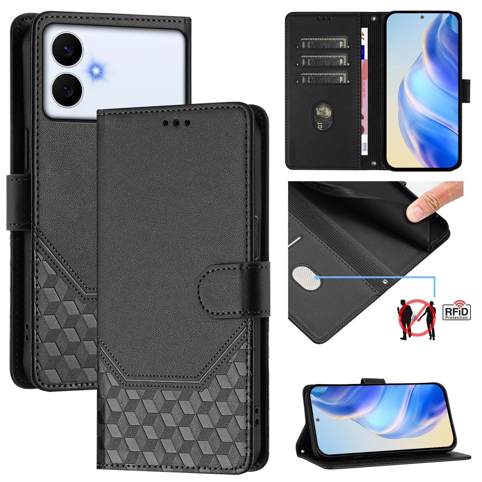For-Samsung-Galaxy-S26-Edge-Case-Imprinted-Honeycomb-RFID-Blocking-Leather-Phone-Cover-with-Strap-Black