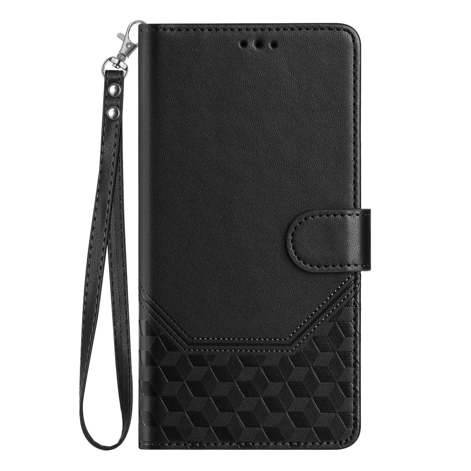 For-Samsung-Galaxy-S26-Edge-Case-Imprinted-Honeycomb-RFID-Blocking-Leather-Phone-Cover-with-Strap-Black