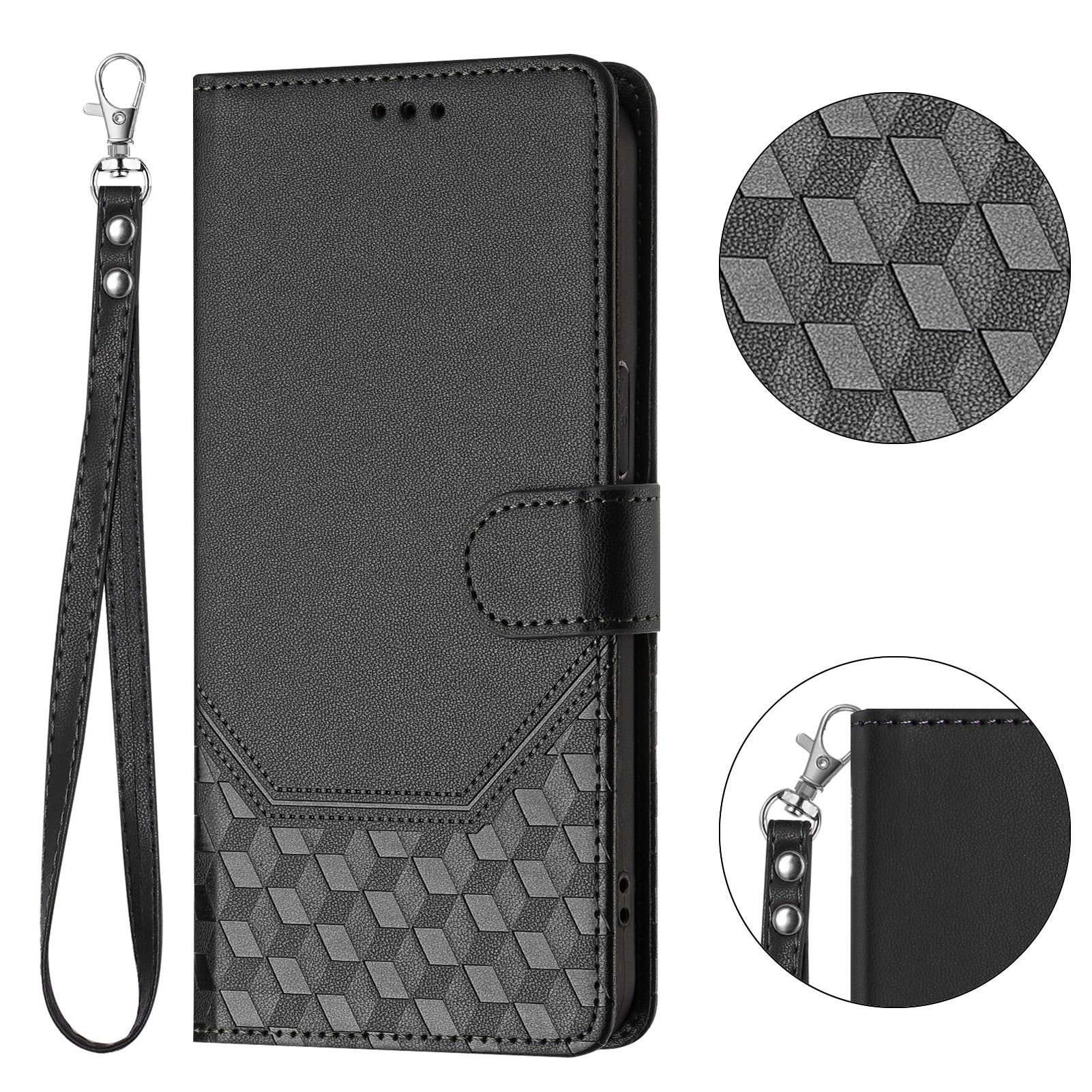 For-Samsung-Galaxy-S26-Edge-Case-Imprinted-Honeycomb-RFID-Blocking-Leather-Phone-Cover-with-Strap-Black
