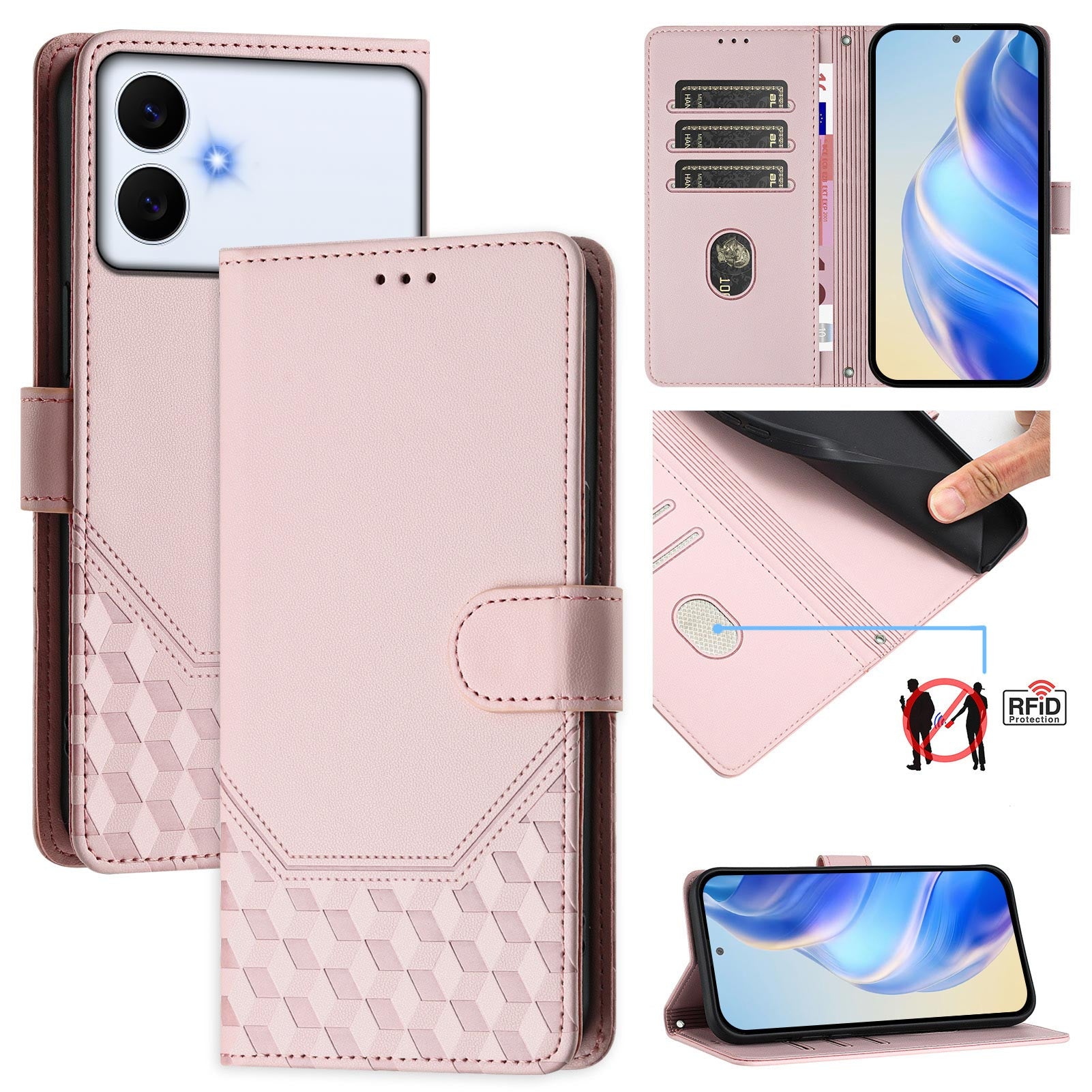 For-Samsung-Galaxy-S26-Edge-Case-Imprinted-Honeycomb-RFID-Blocking-Leather-Phone-Cover-with-Strap-Pink