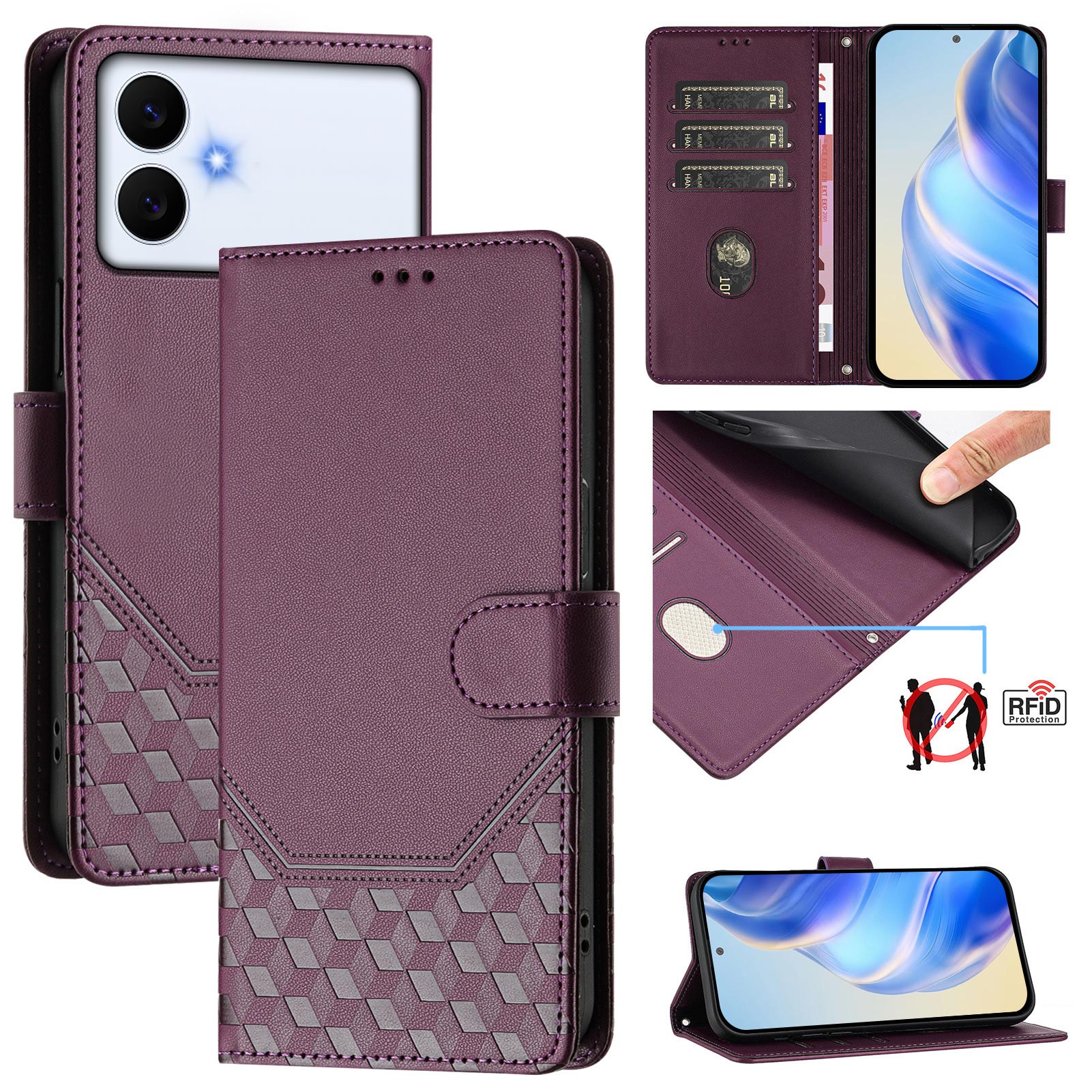 For-Samsung-Galaxy-S26-Edge-Case-Imprinted-Honeycomb-RFID-Blocking-Leather-Phone-Cover-with-Strap-Dark-Purple