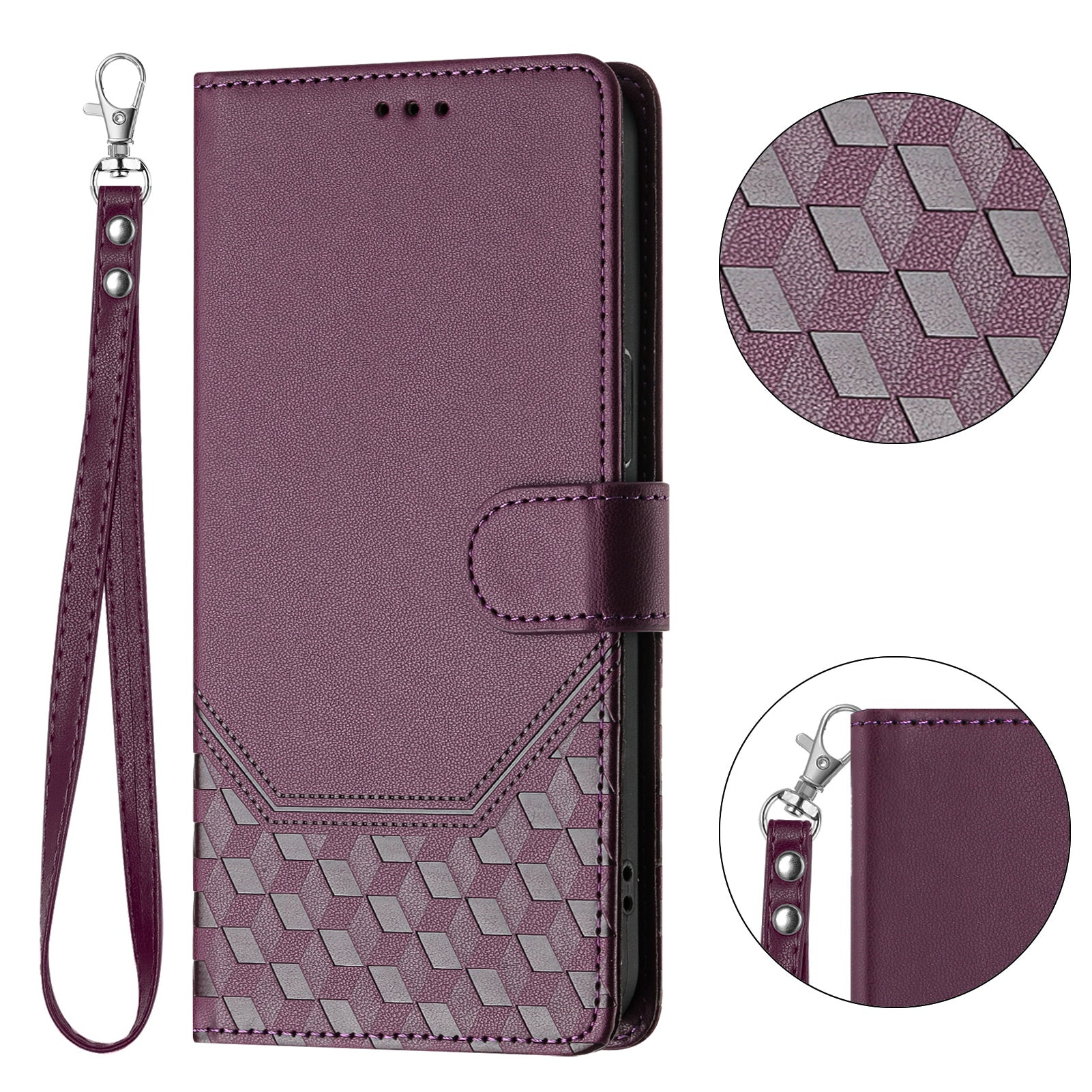 For-Samsung-Galaxy-S26-Edge-Case-Imprinted-Honeycomb-RFID-Blocking-Leather-Phone-Cover-with-Strap-Dark-Purple